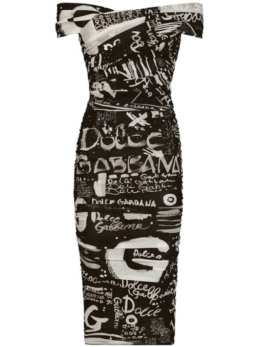 logo-print off-shoulder midi dress