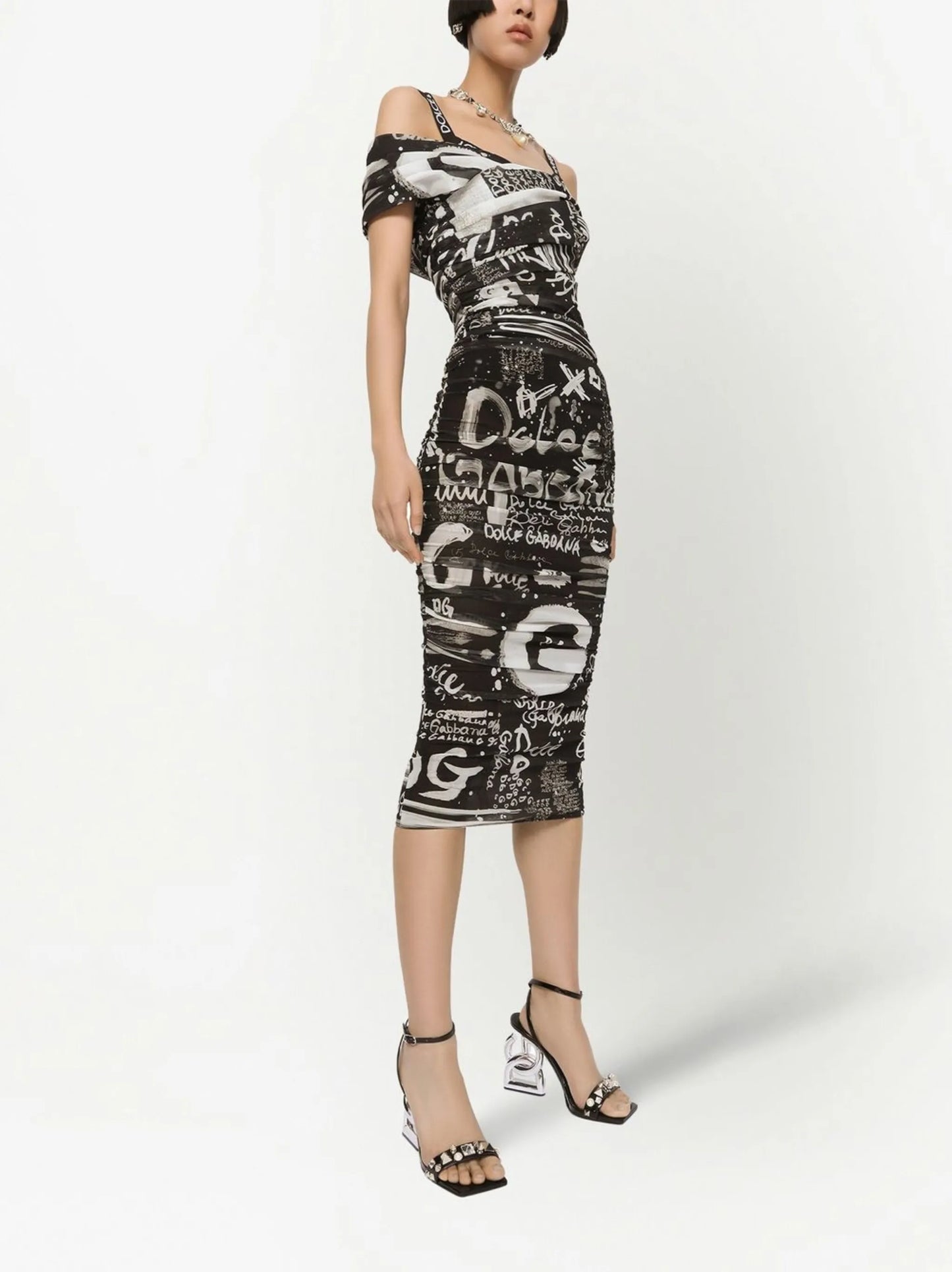 logo-print off-shoulder midi dress