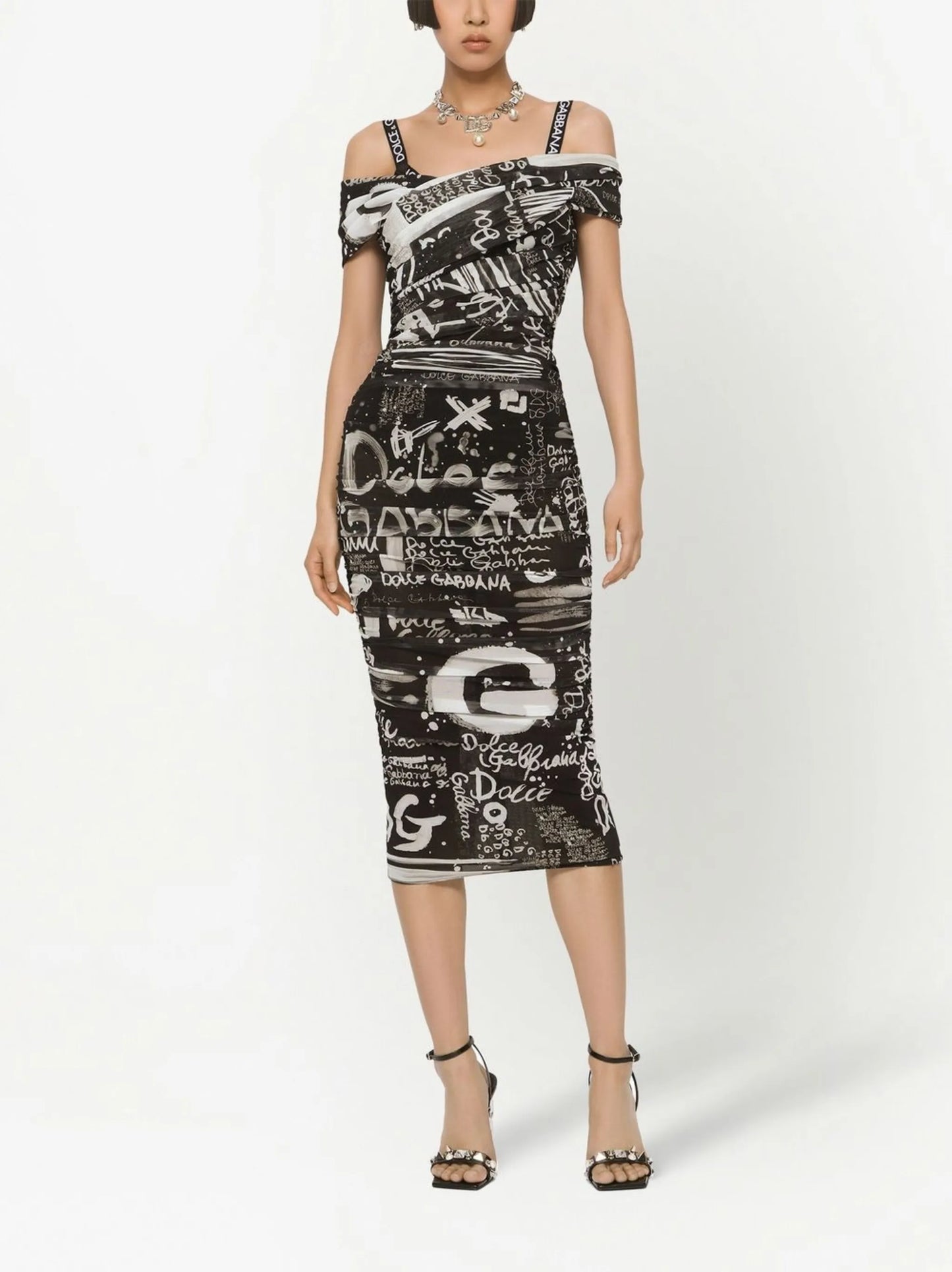logo-print off-shoulder midi dress