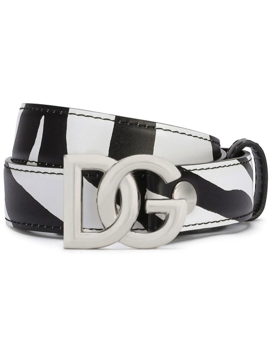 logo-buckle zebra-print leather belt
