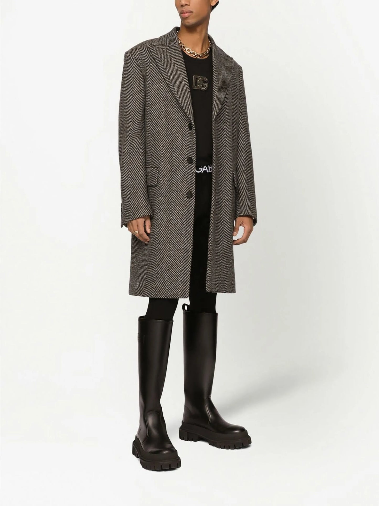 herringbone-pattern single-breasted coat