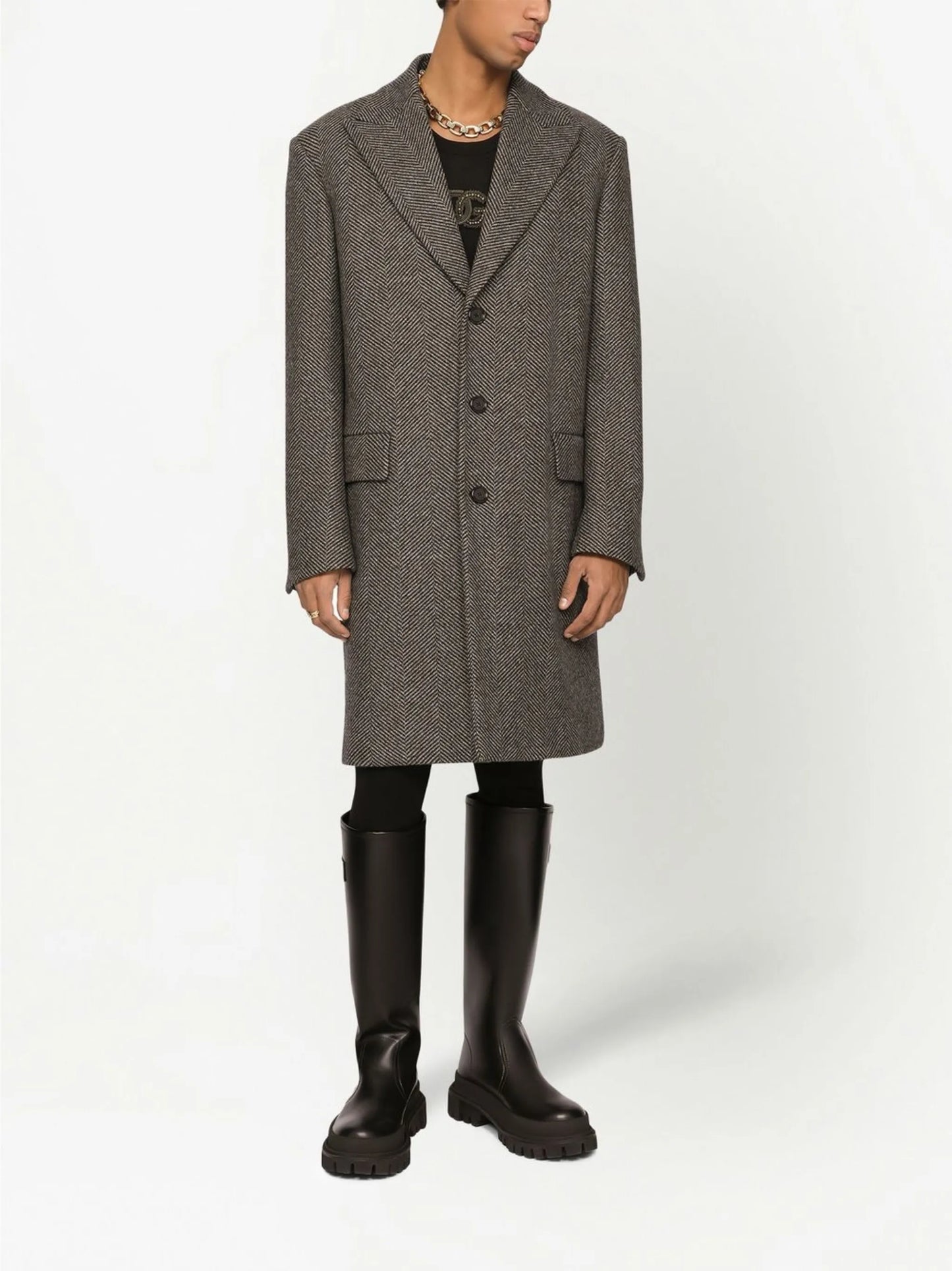 herringbone-pattern single-breasted coat