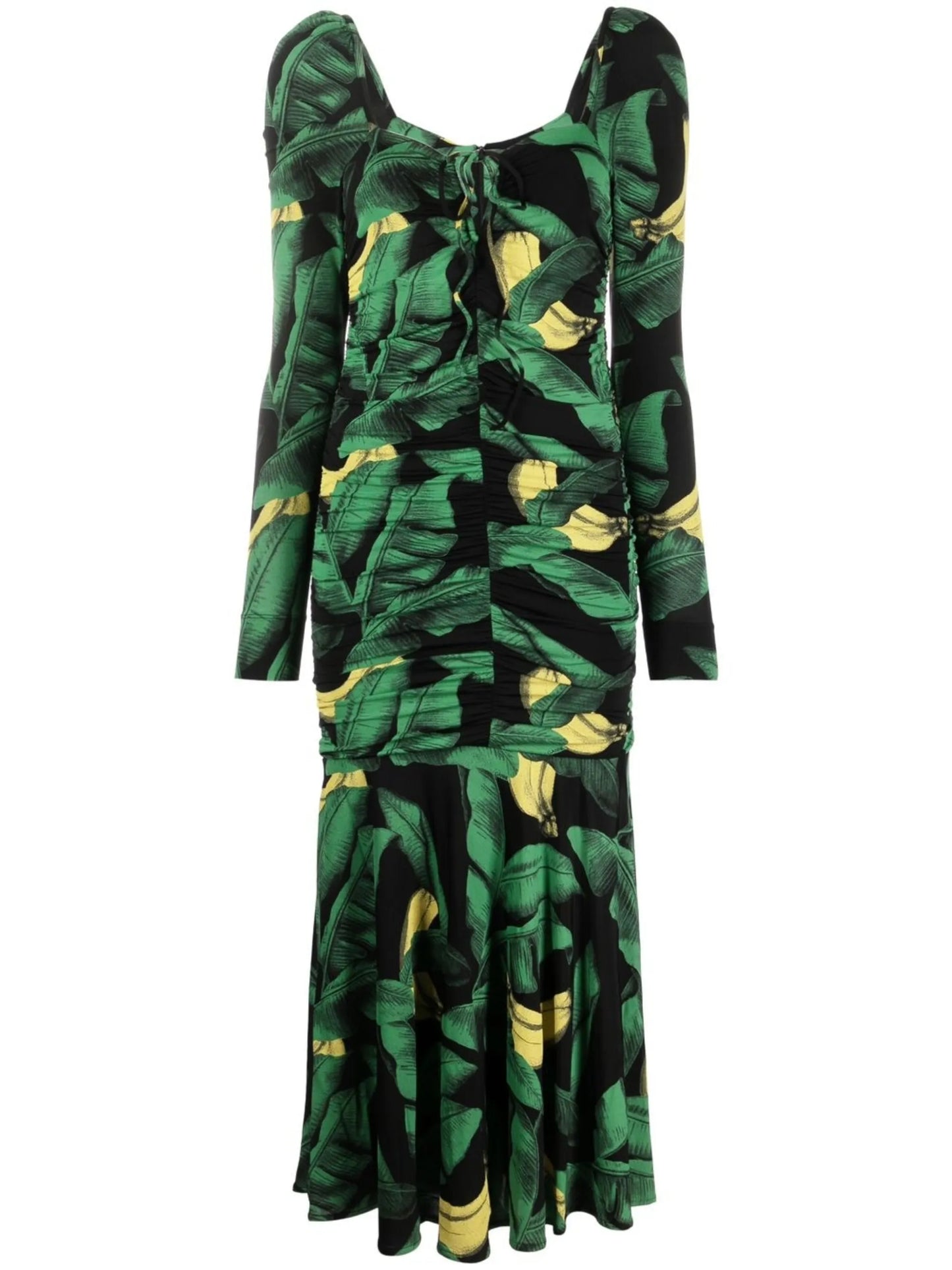 leaf-print ruched midi dress