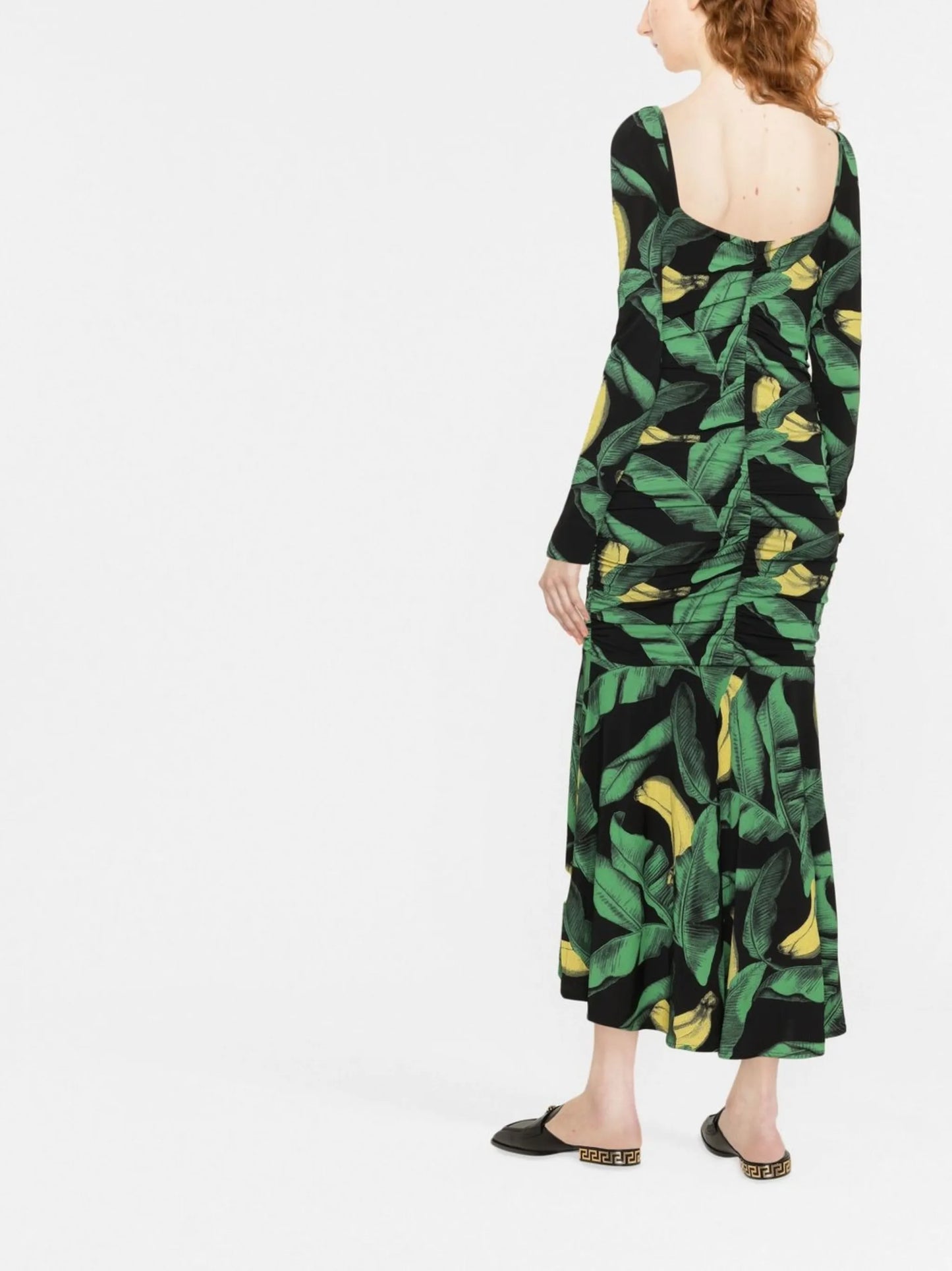 leaf-print ruched midi dress