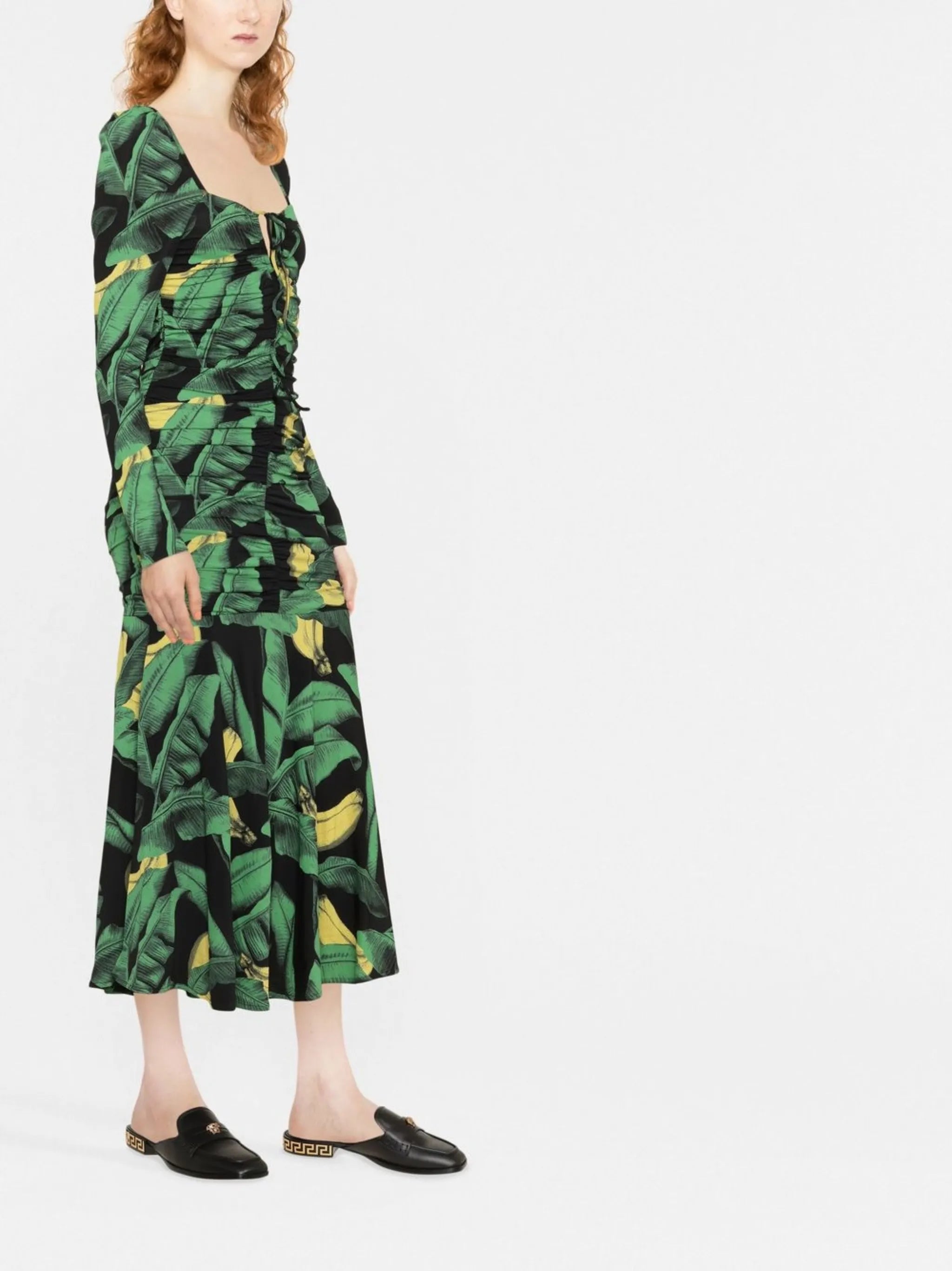 leaf-print ruched midi dress