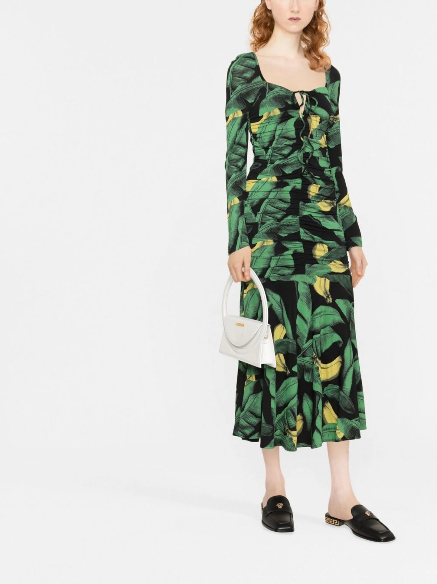 leaf-print ruched midi dress