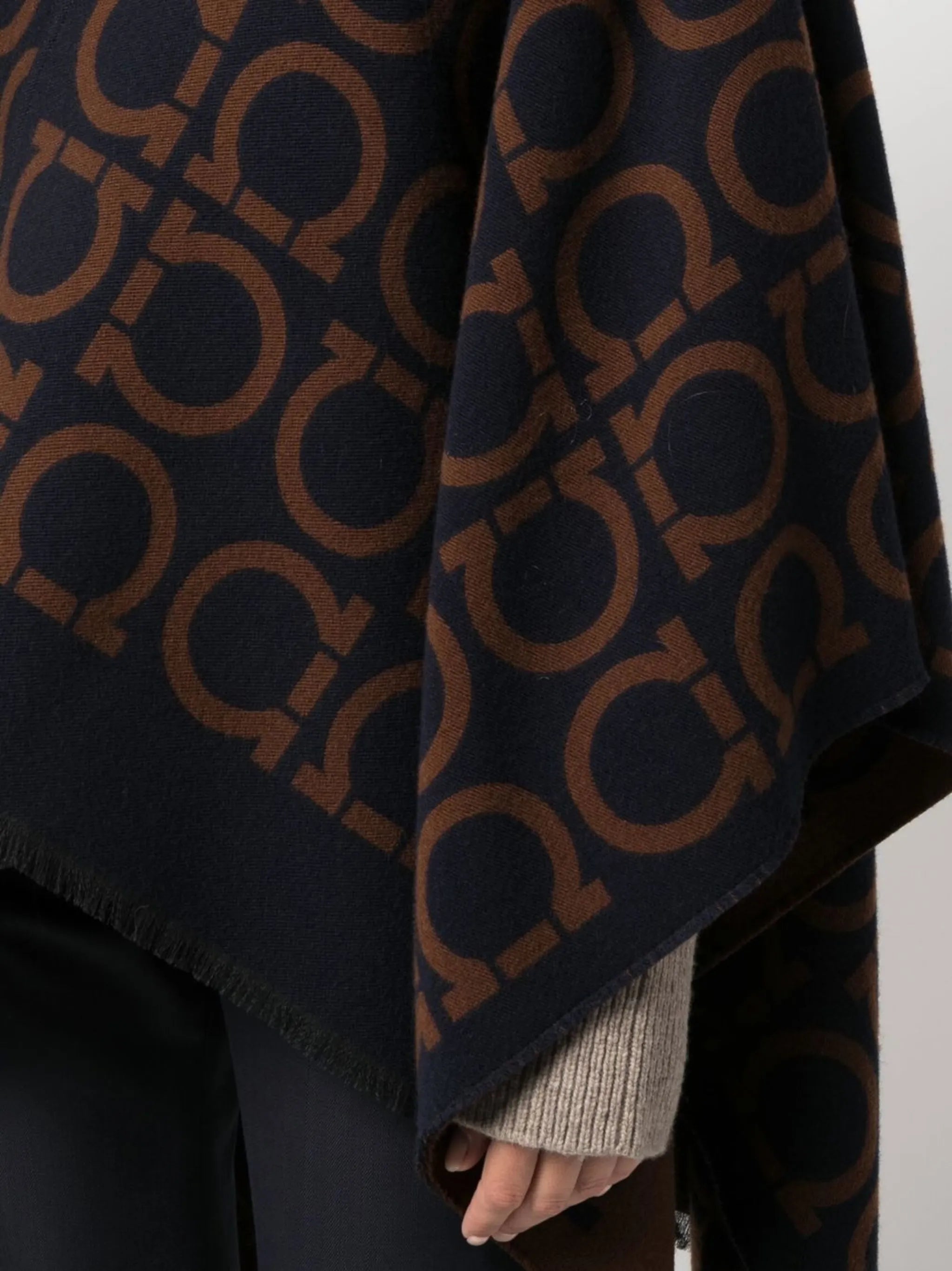 monogram-pattern fringed cape