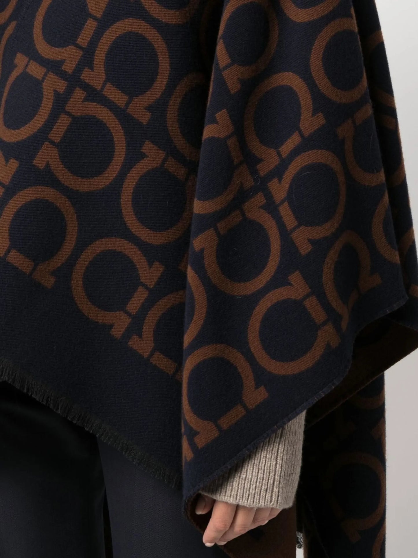 monogram-pattern fringed cape