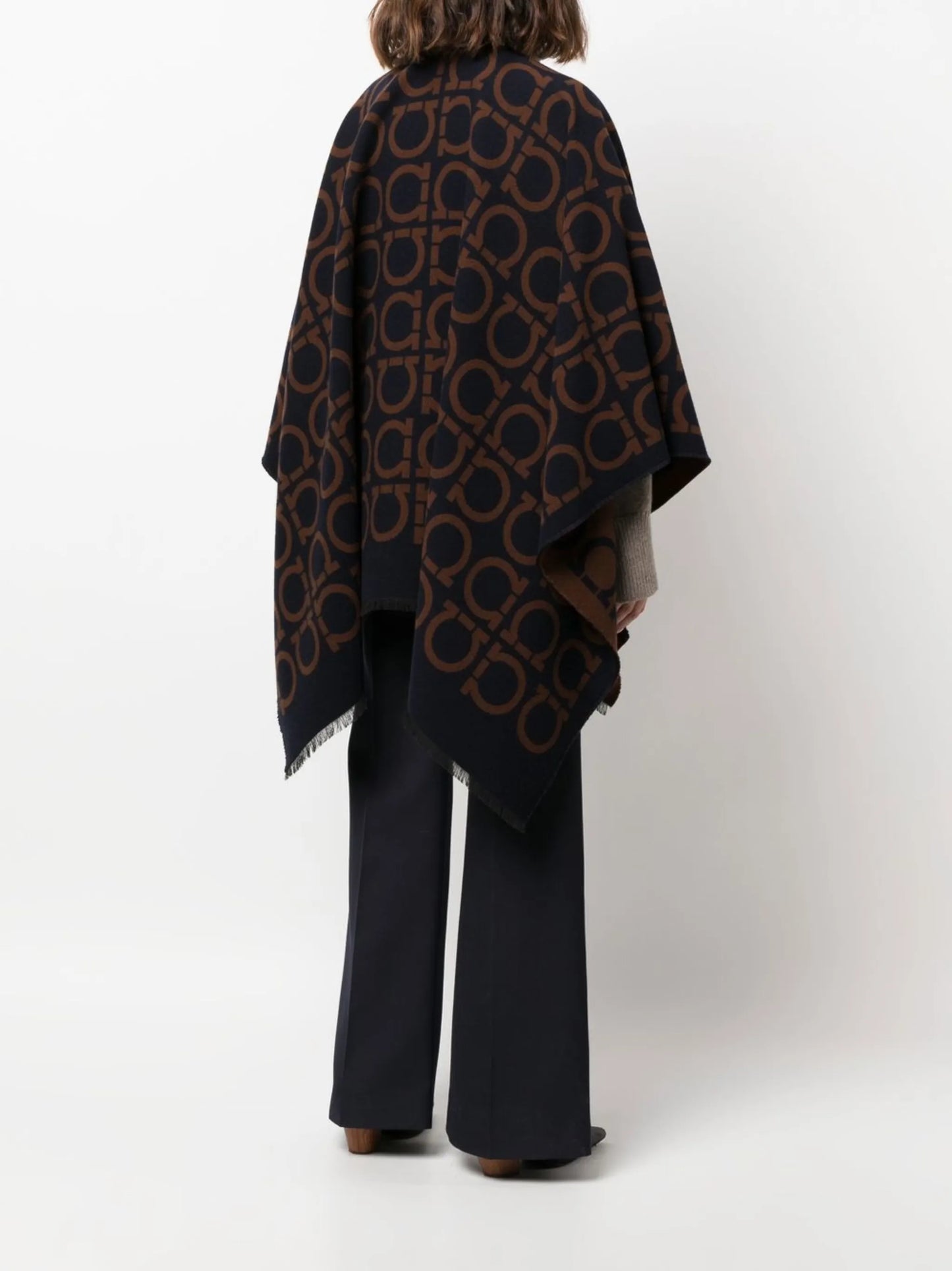 monogram-pattern fringed cape