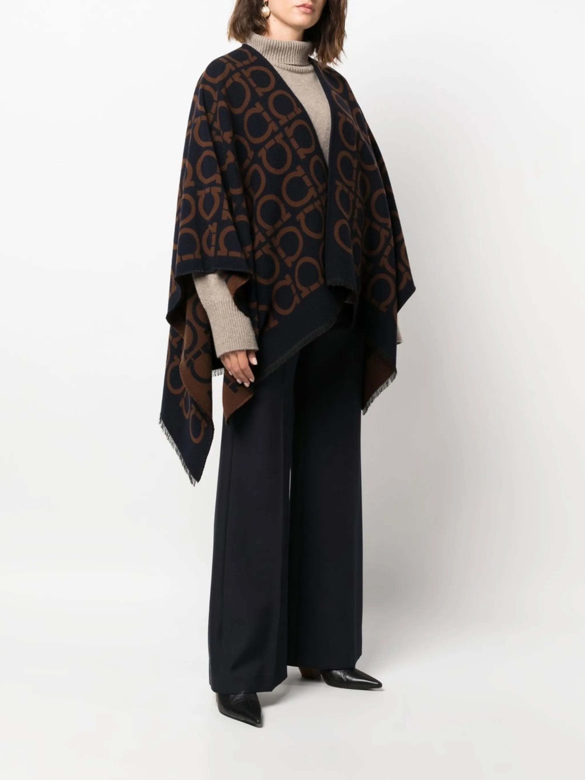 monogram-pattern fringed cape
