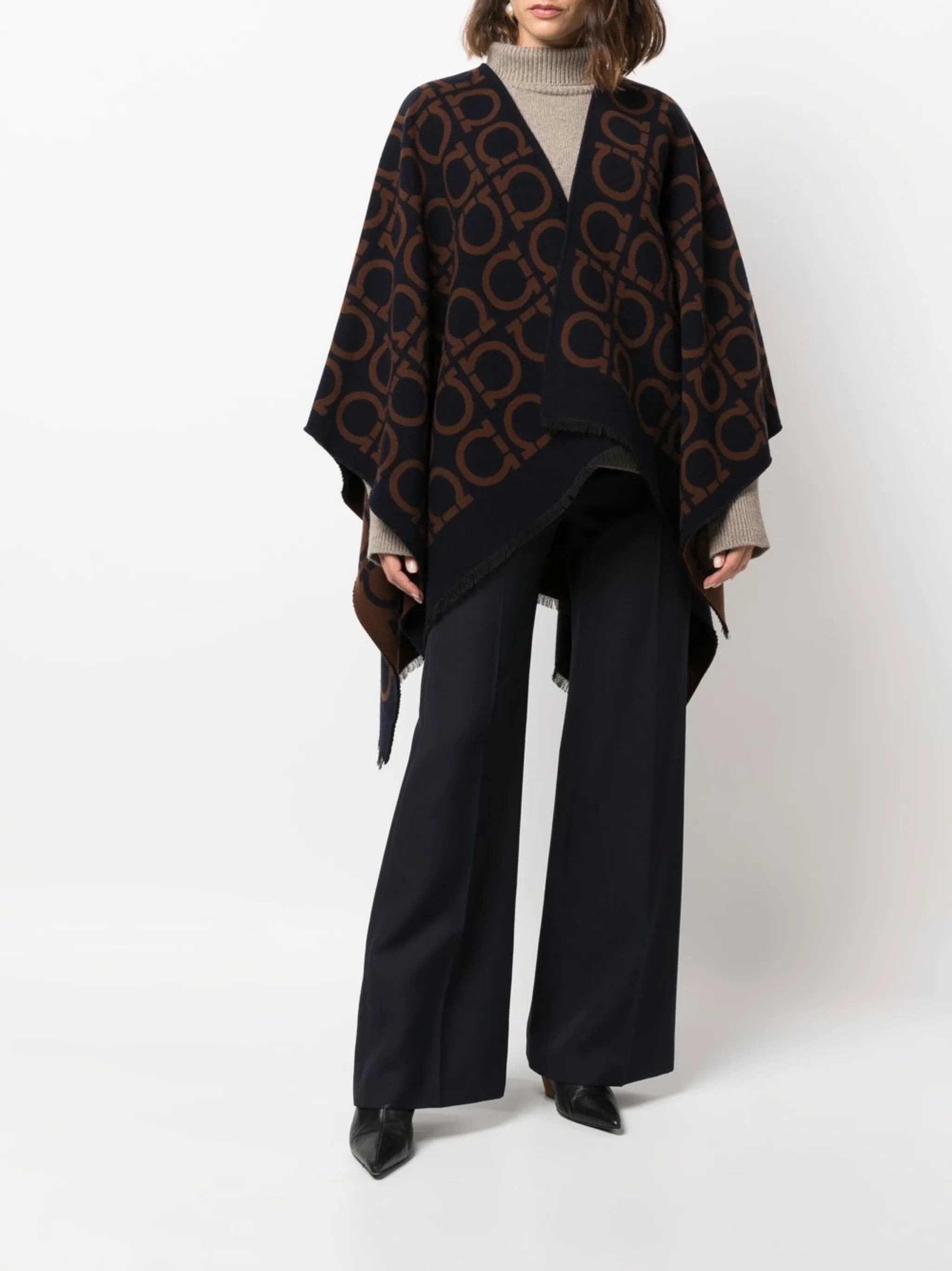 monogram-pattern fringed cape
