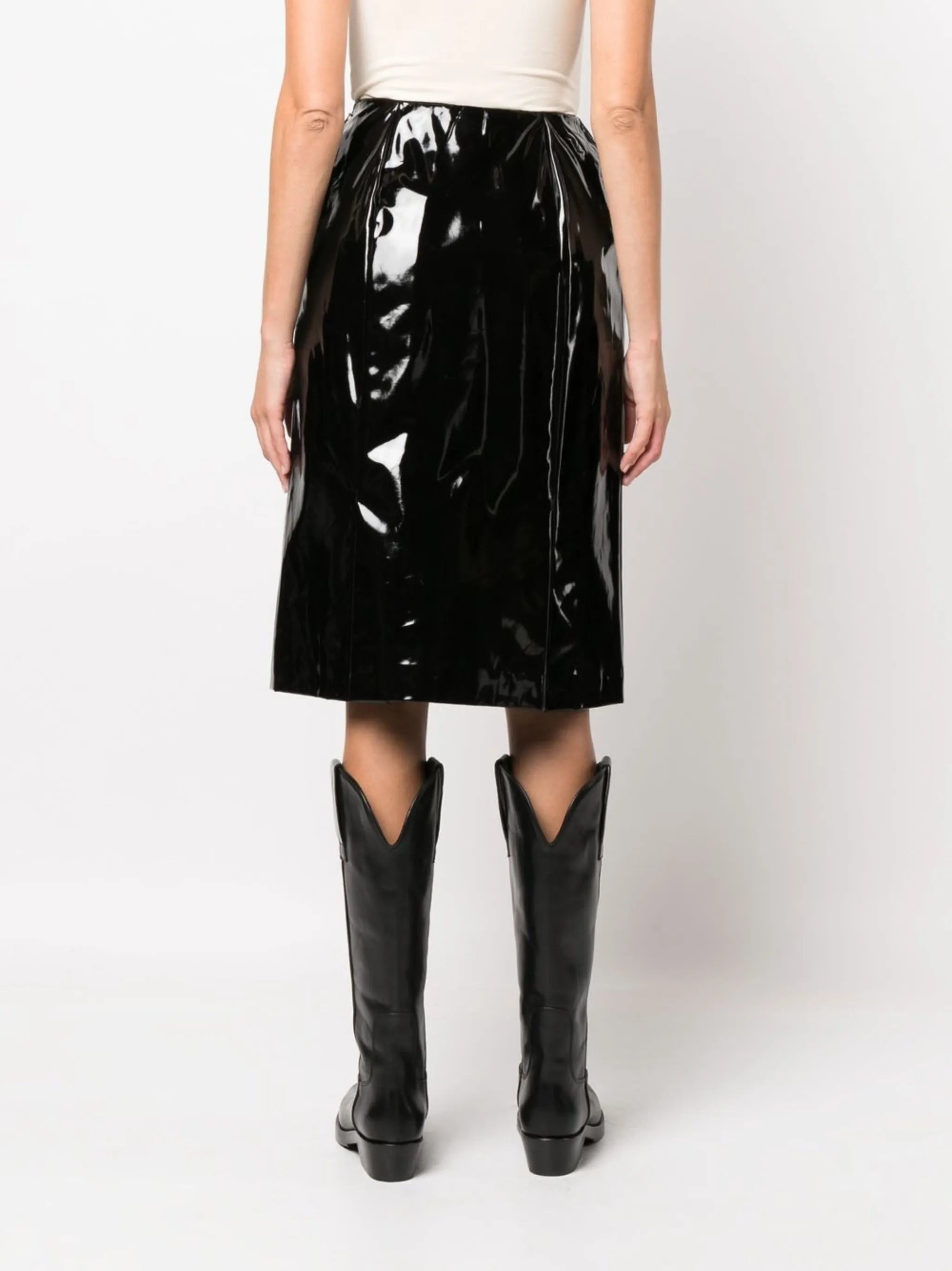 high-shine slit-detail knee-length skirt