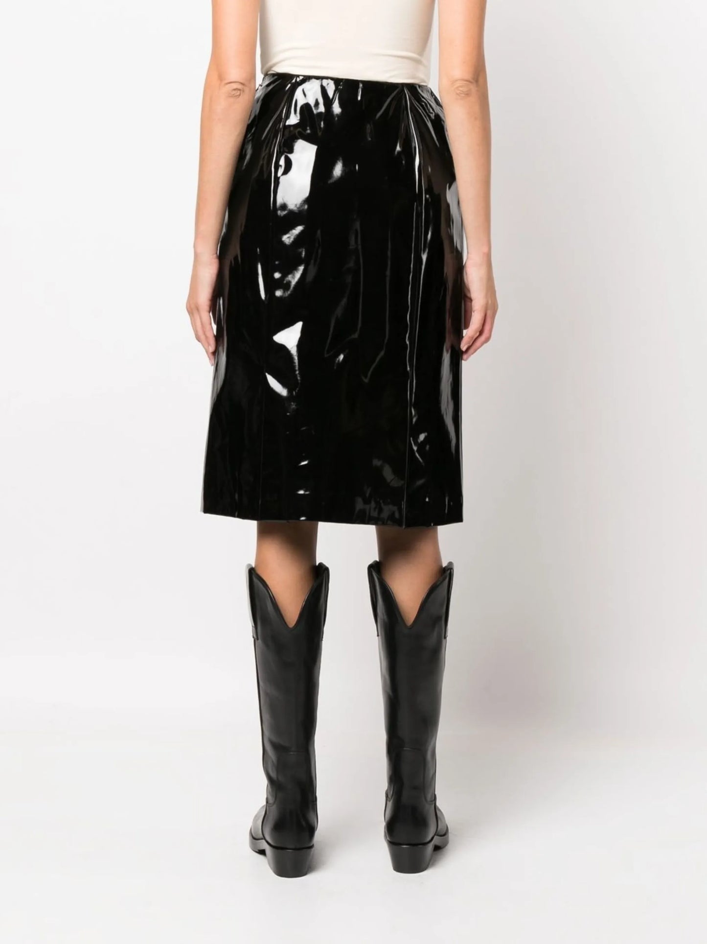 high-shine slit-detail knee-length skirt