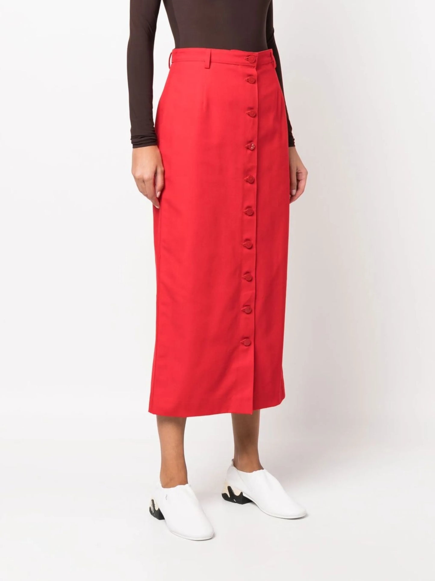 buttoned-up denim midi skirt