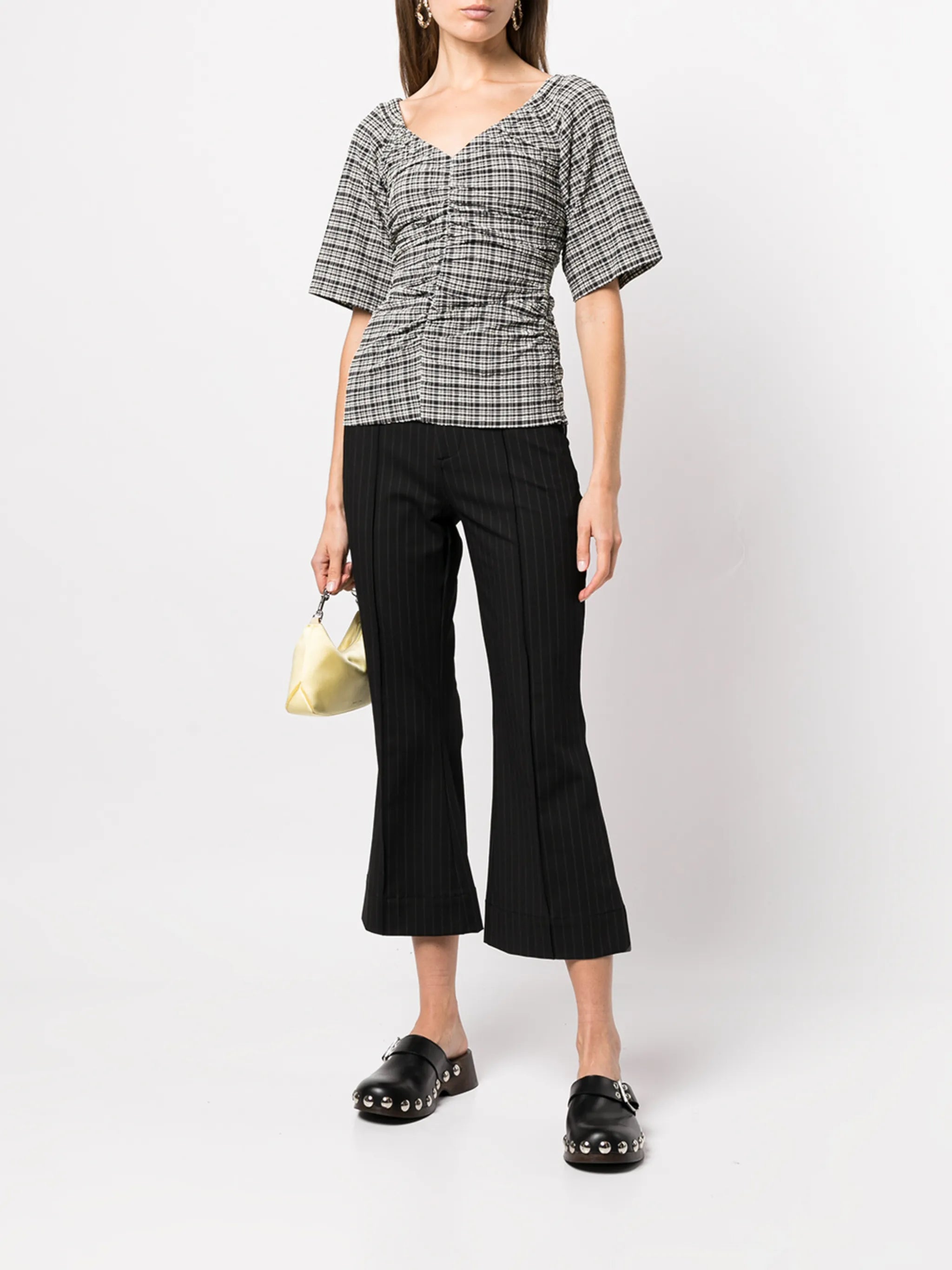 check-print V-neck top