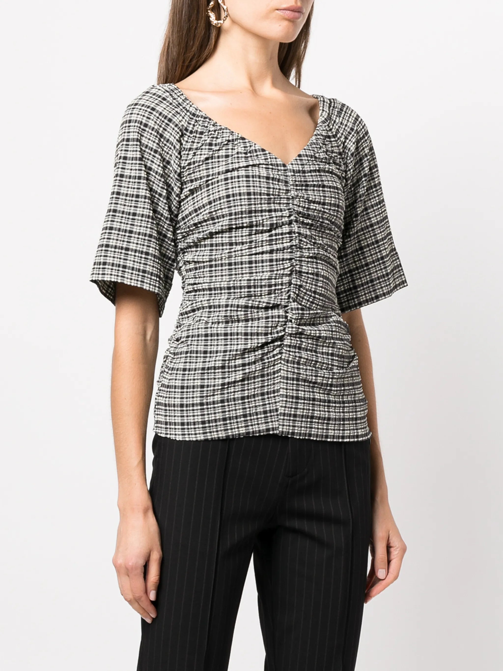 check-print V-neck top