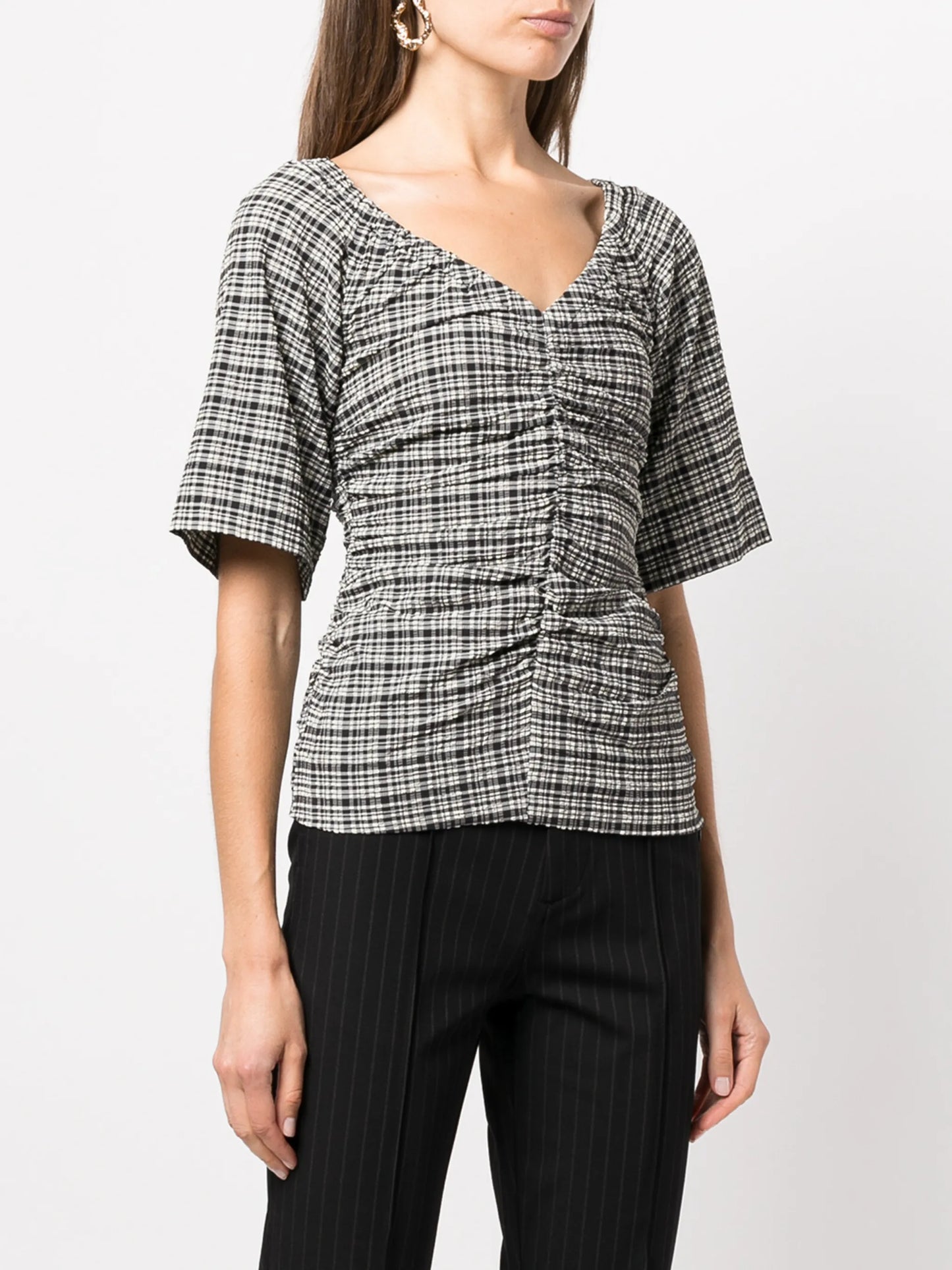 check-print V-neck top