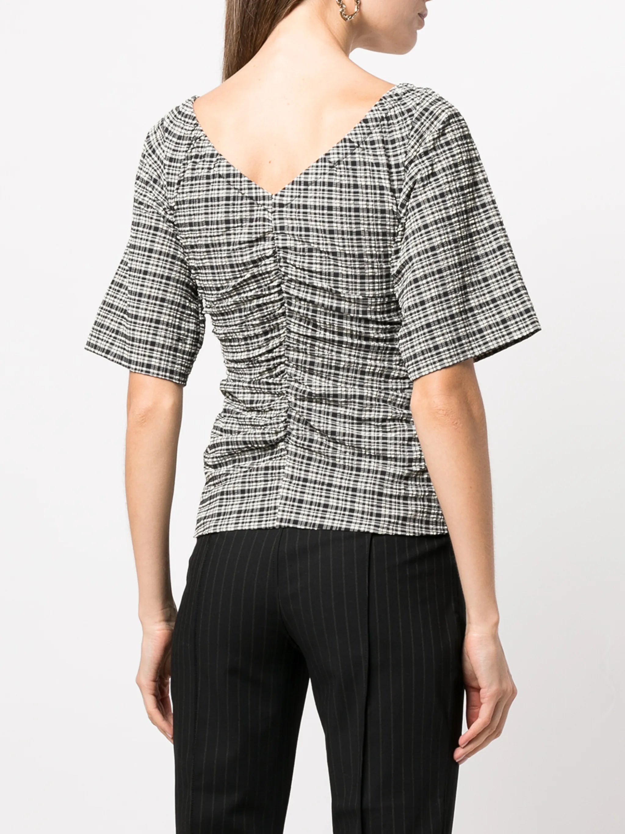 check-print V-neck top
