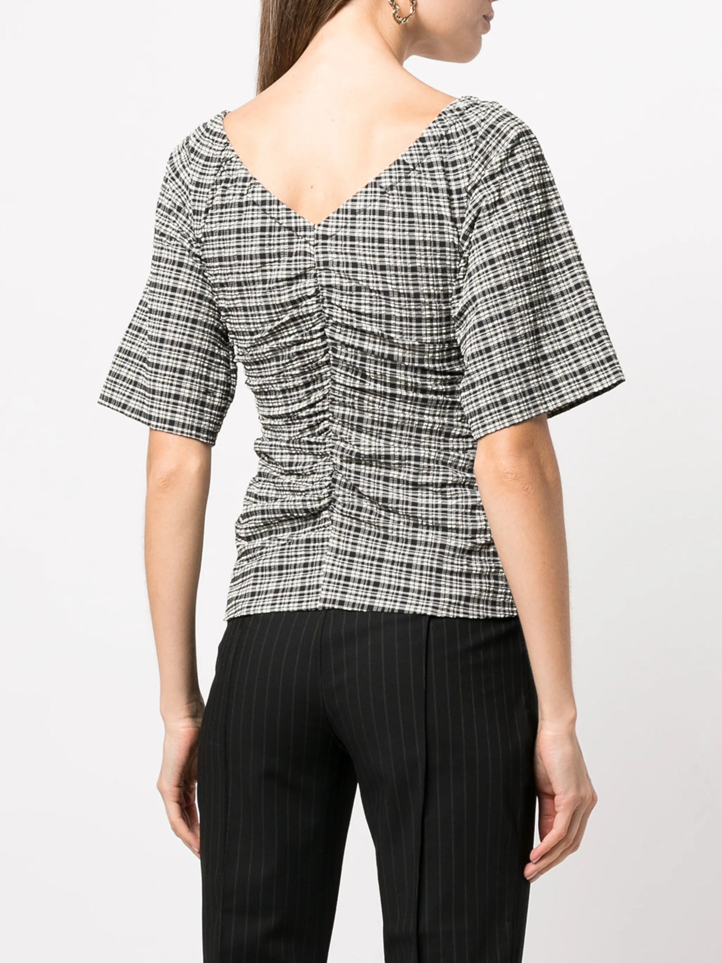 check-print V-neck top