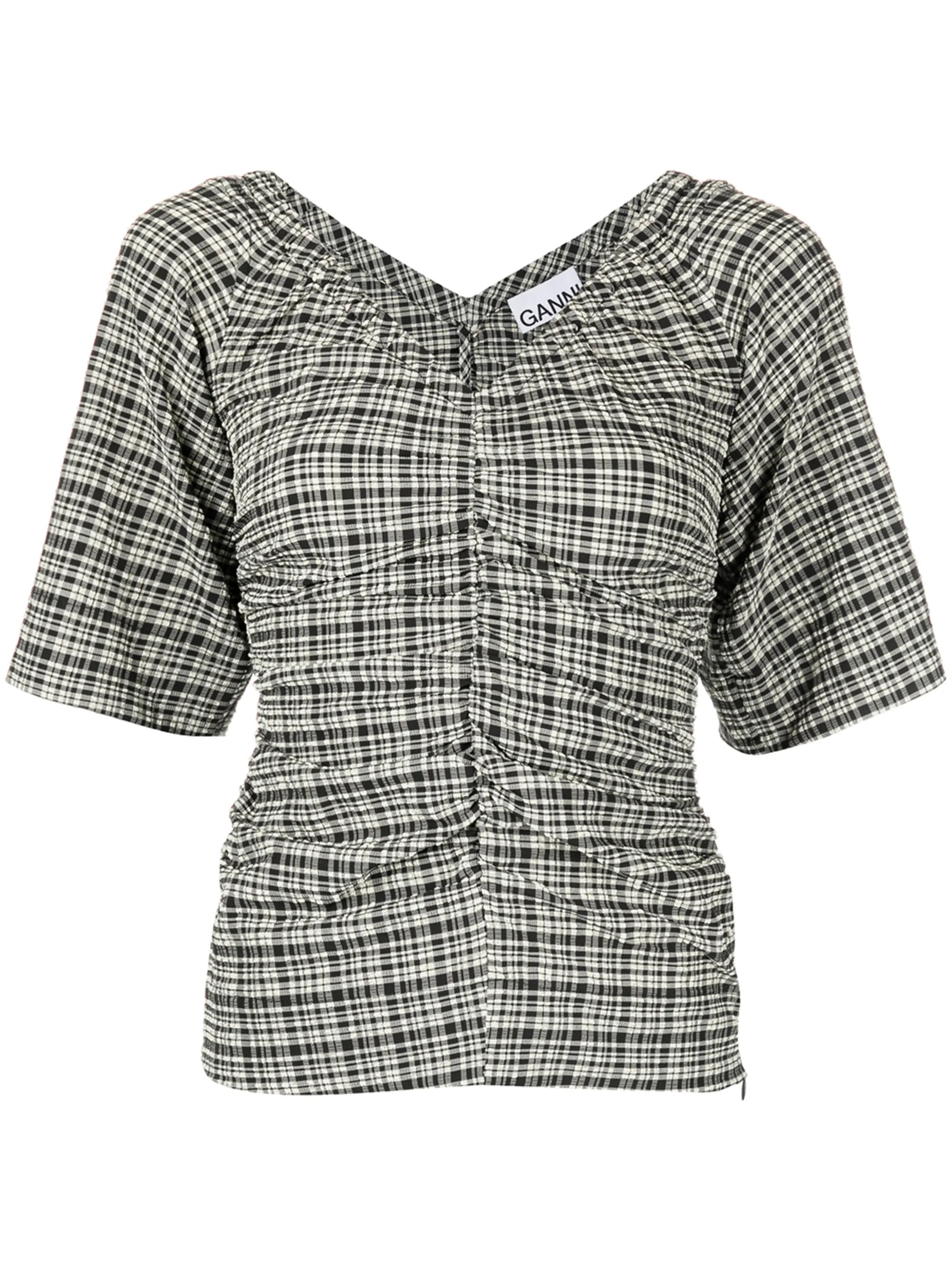 check-print V-neck top