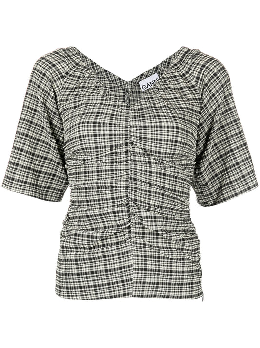 check-print V-neck top