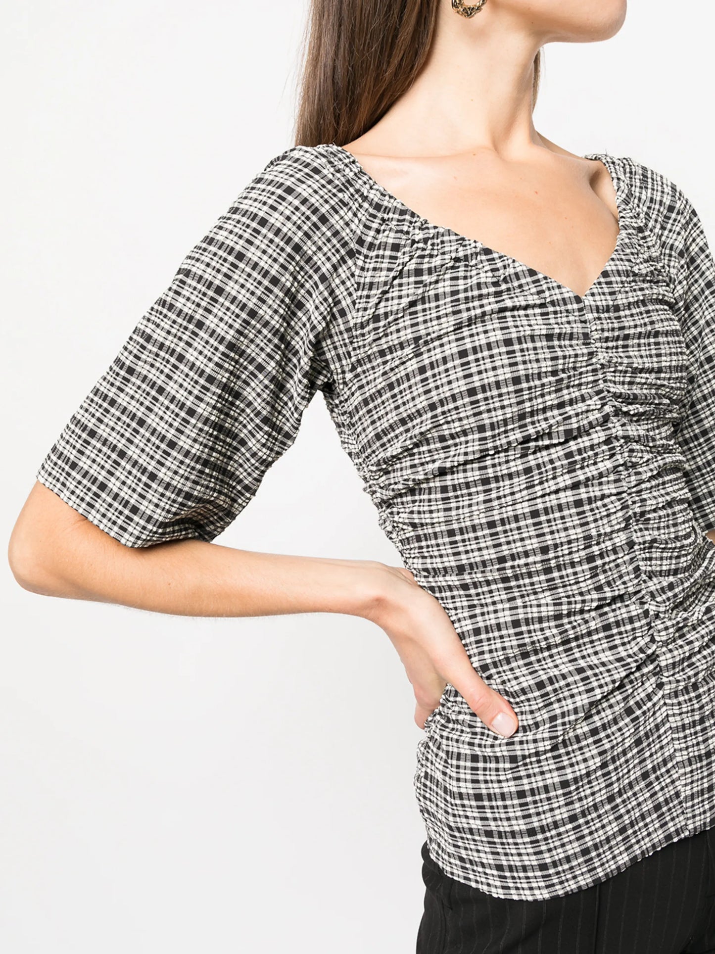 check-print V-neck top