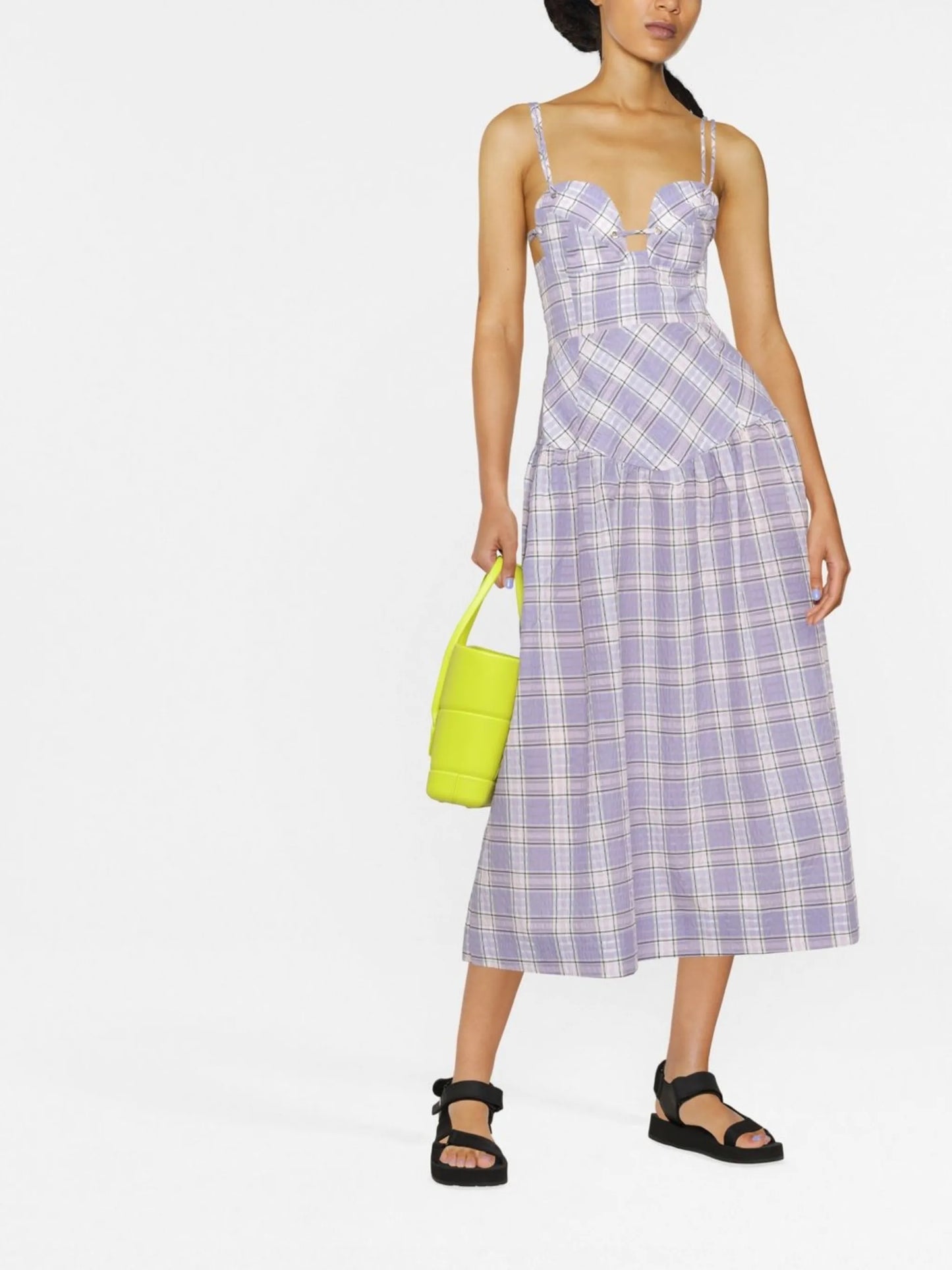 check pattern flared midi dress
