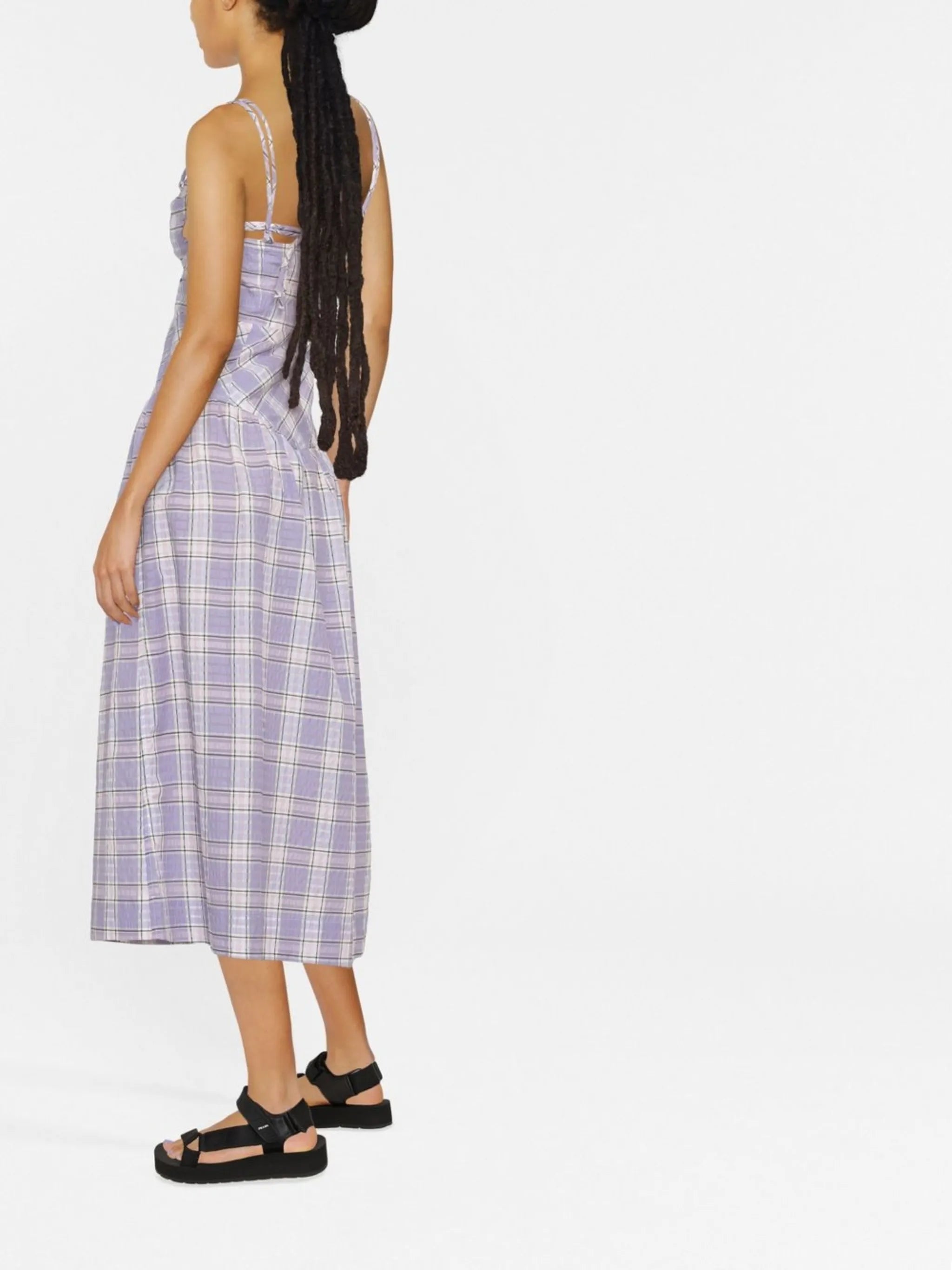 check pattern flared midi dress