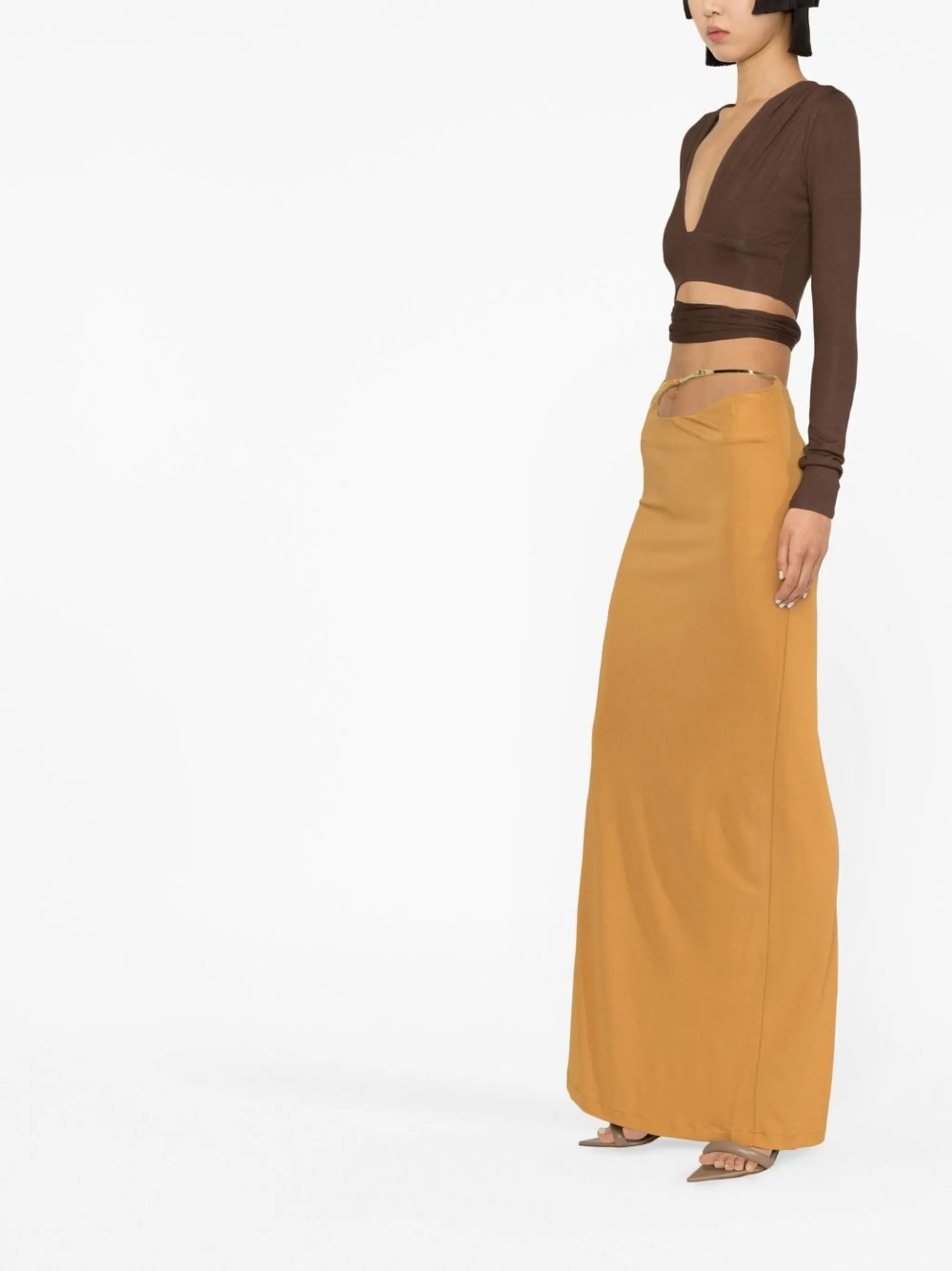 sculpted-strap column maxi skirt