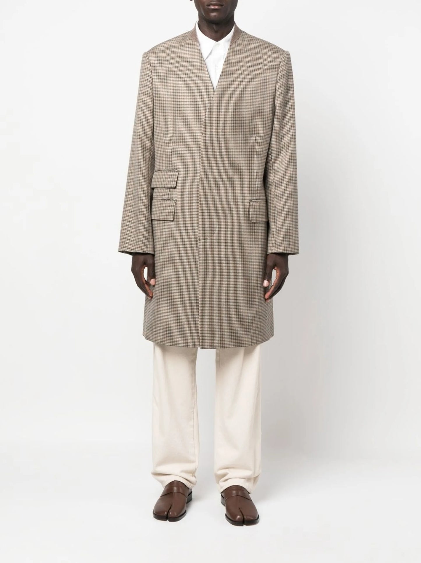 herringbone-pattern collarless coat