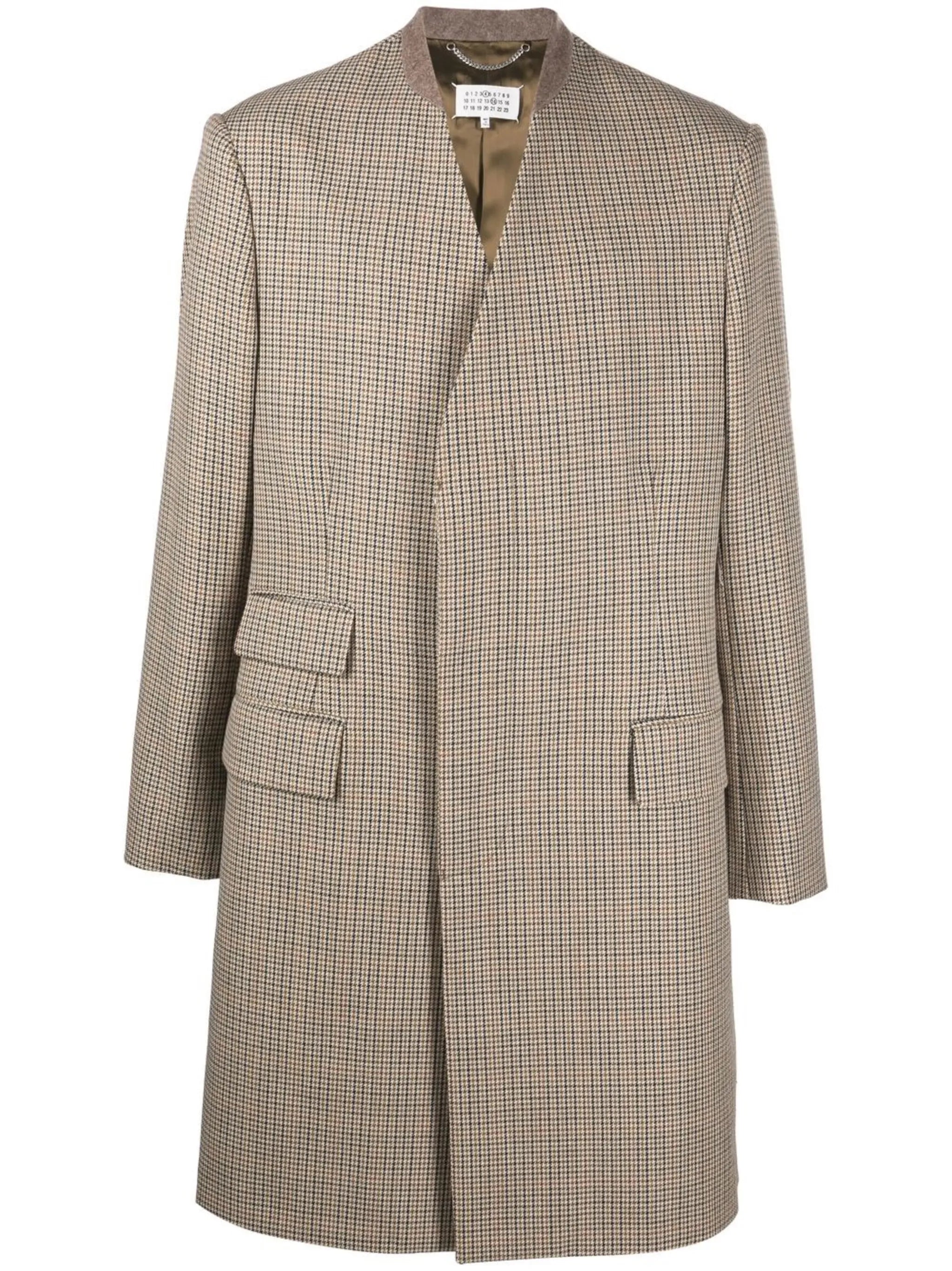 herringbone-pattern collarless coat