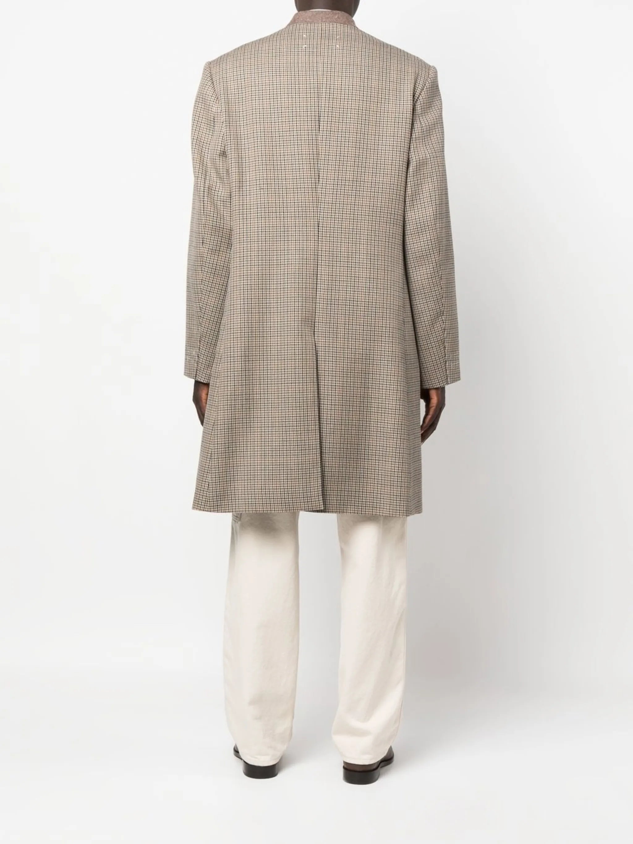 herringbone-pattern collarless coat