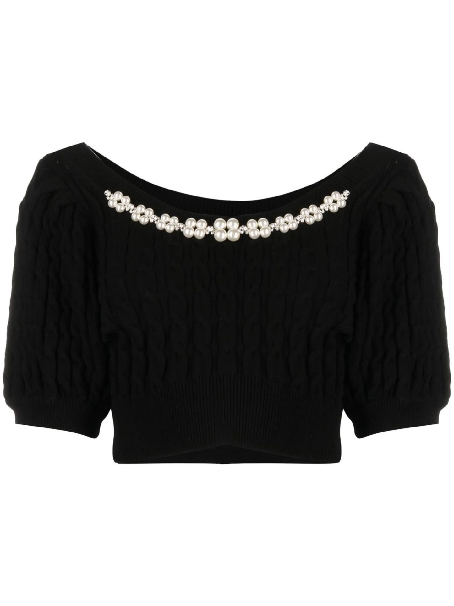 pearl-embellished cropped cable-knit top