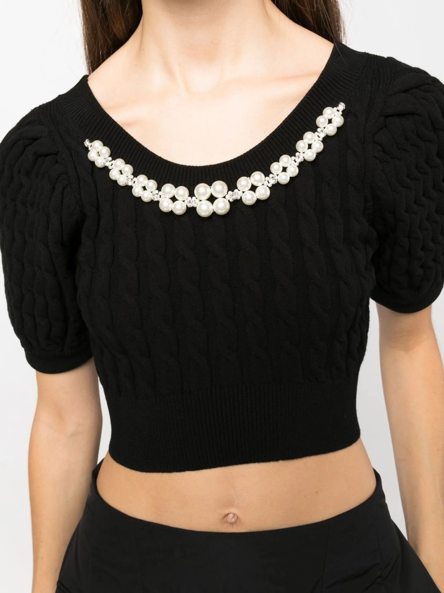 pearl-embellished cropped cable-knit top