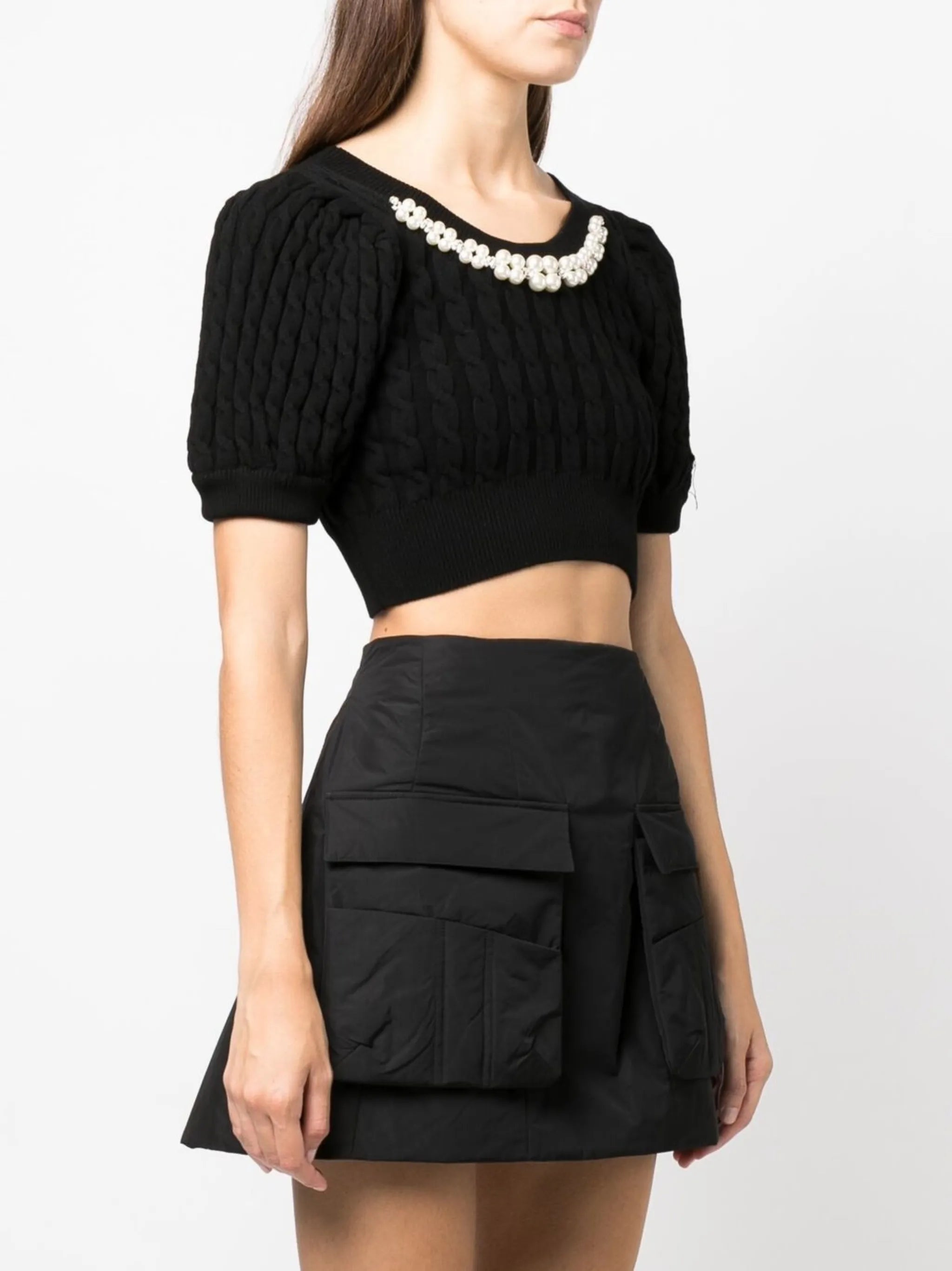 pearl-embellished cropped cable-knit top