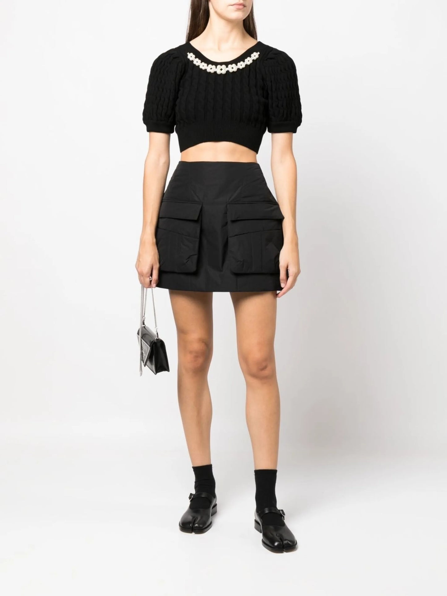 pearl-embellished cropped cable-knit top