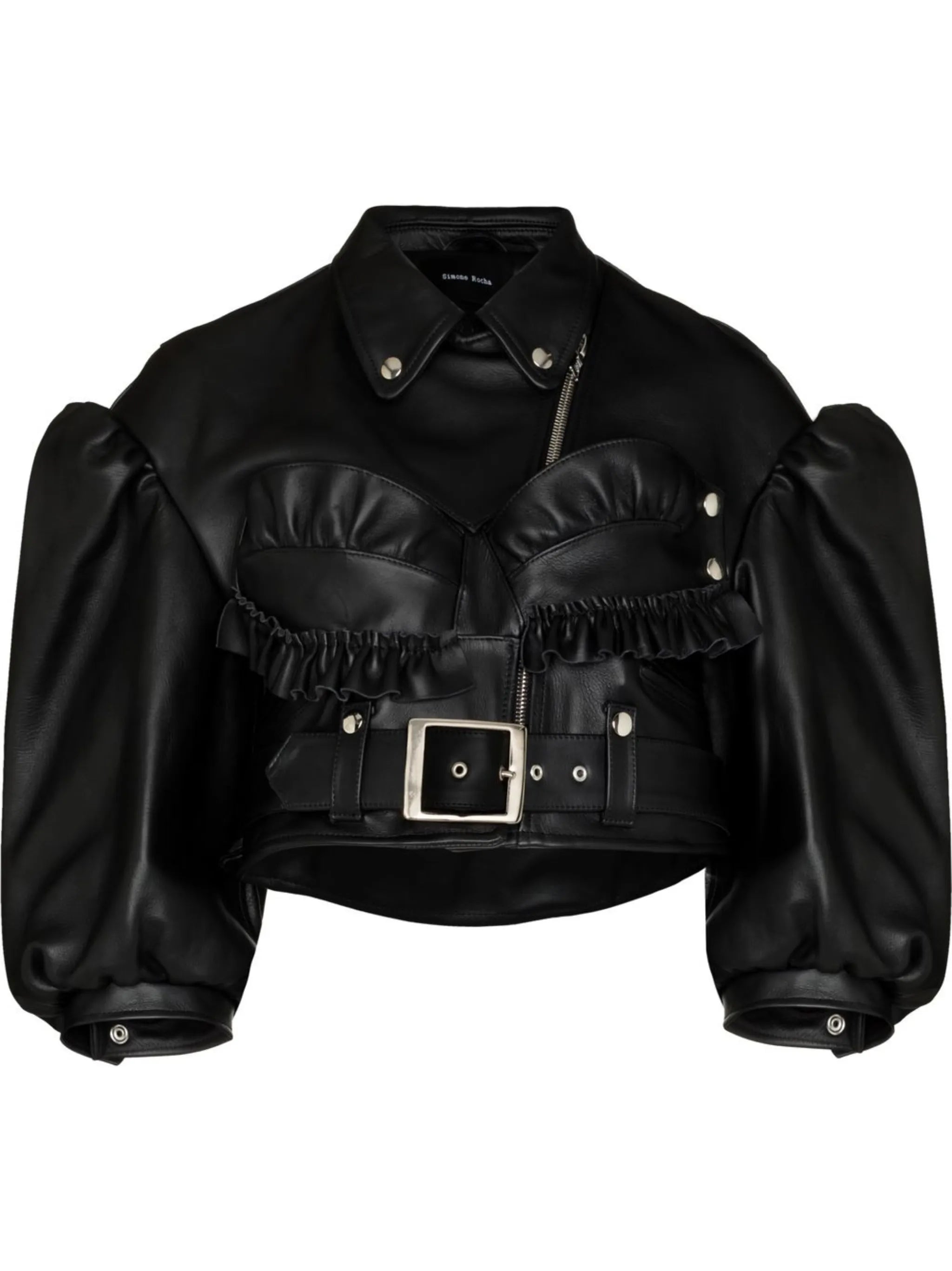 cropped bustier leather biker jacket