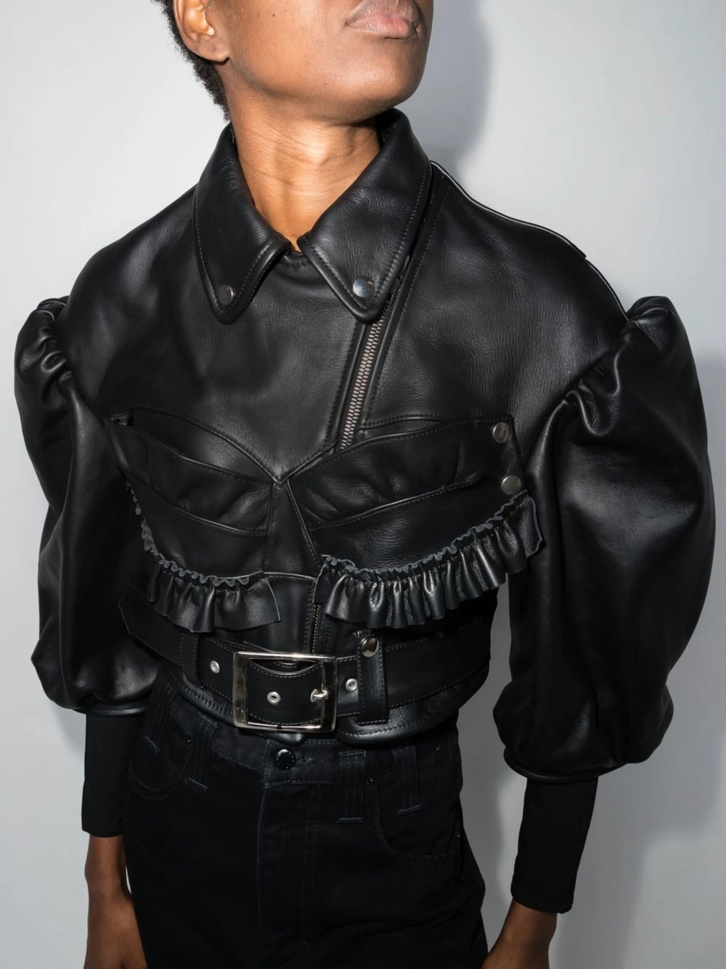 cropped bustier leather biker jacket