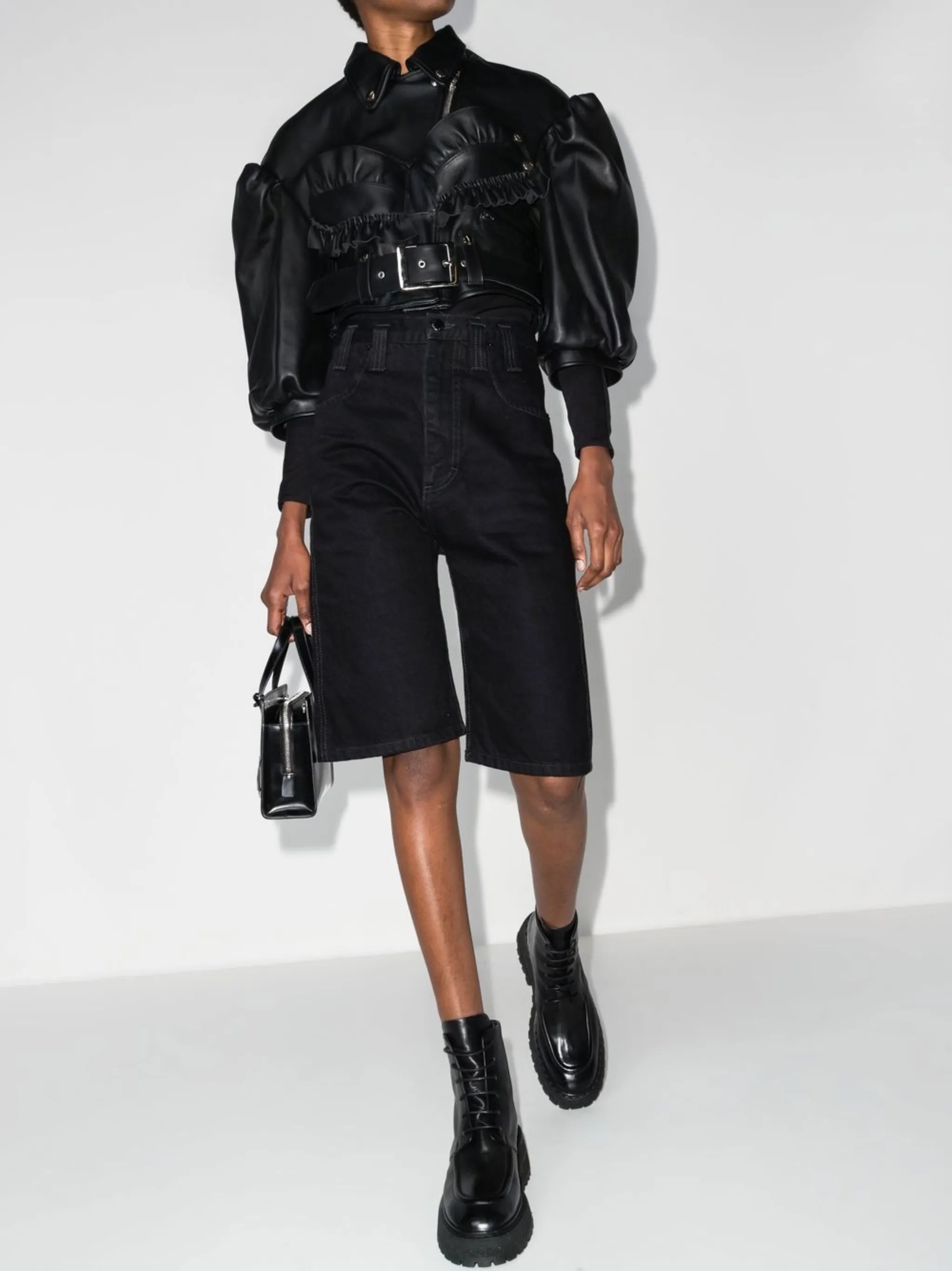 cropped bustier leather biker jacket