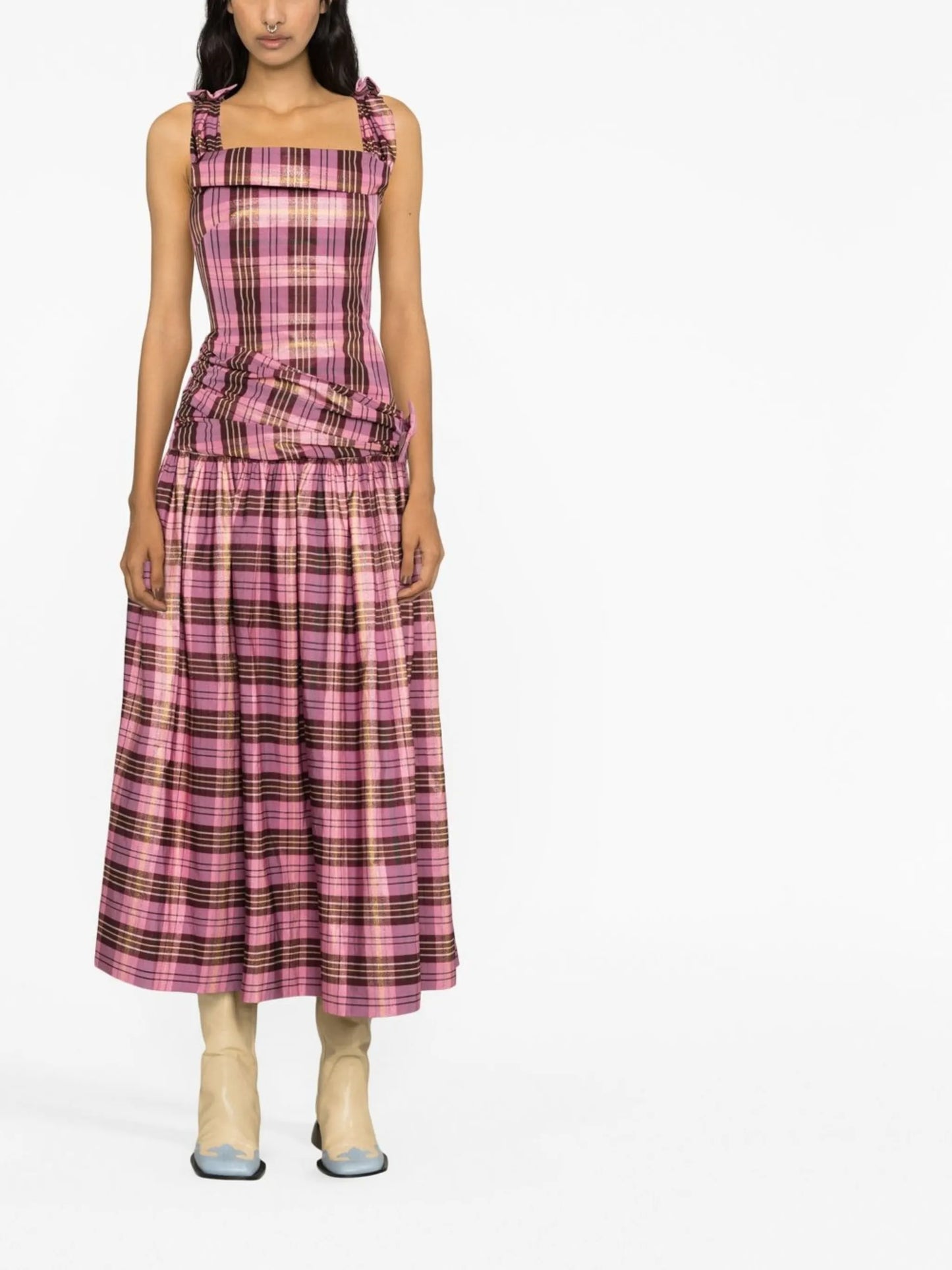 bow-detail tartan check dress