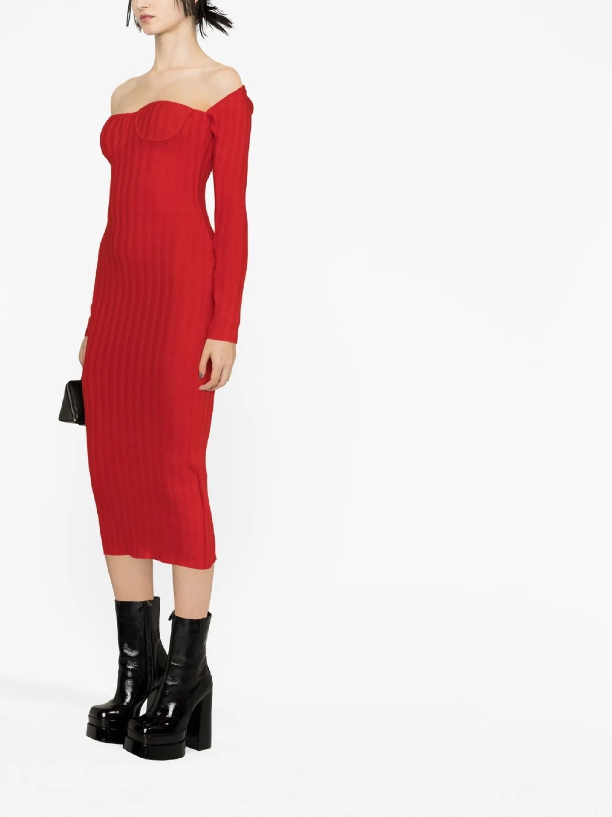 off-shoulder ribbed-knit midi dress