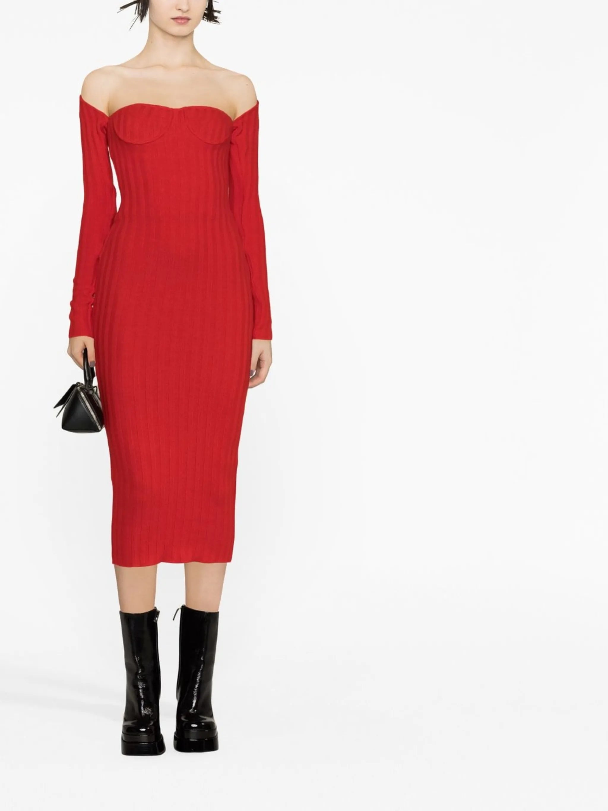 off-shoulder ribbed-knit midi dress