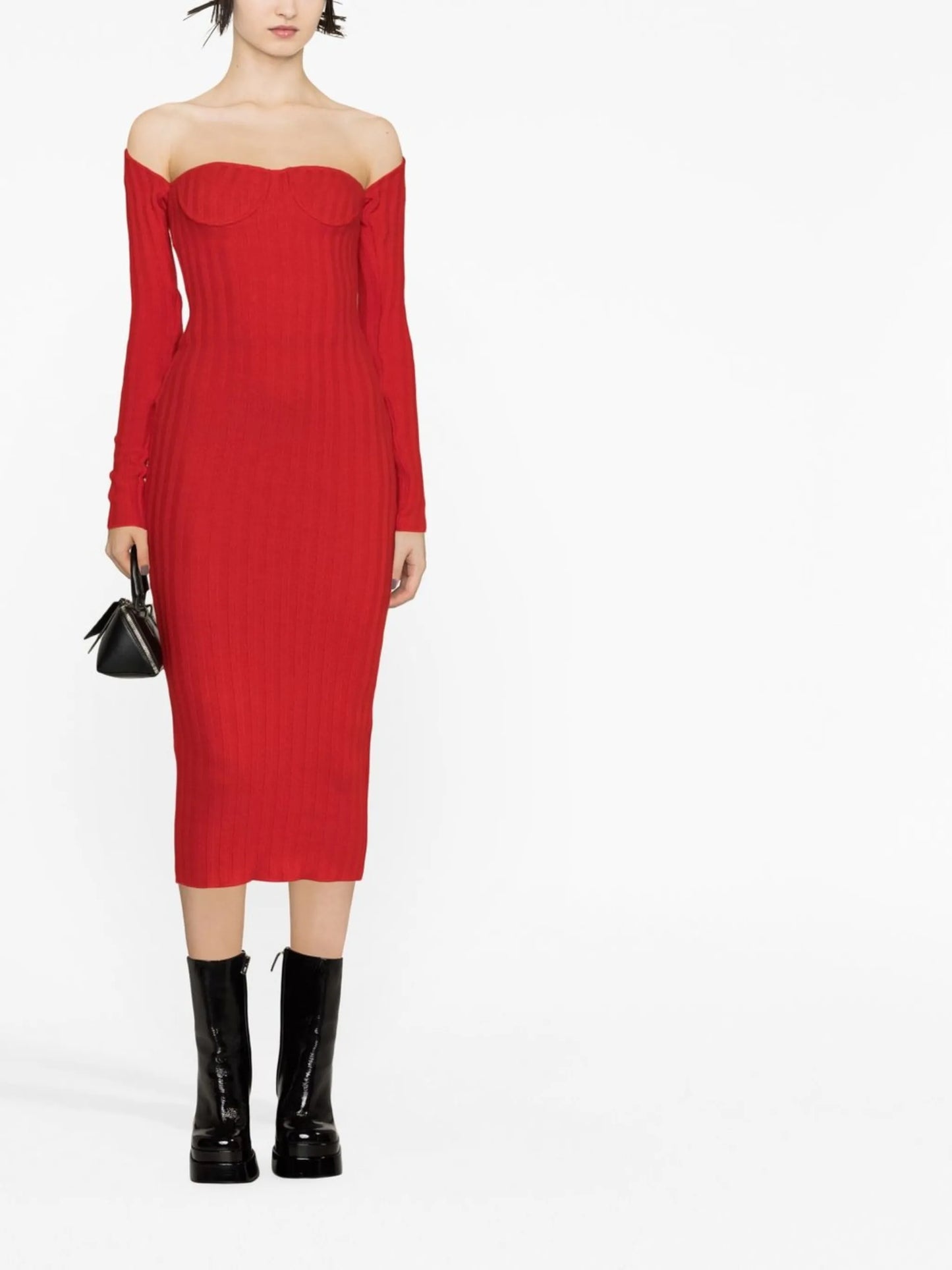 off-shoulder ribbed-knit midi dress
