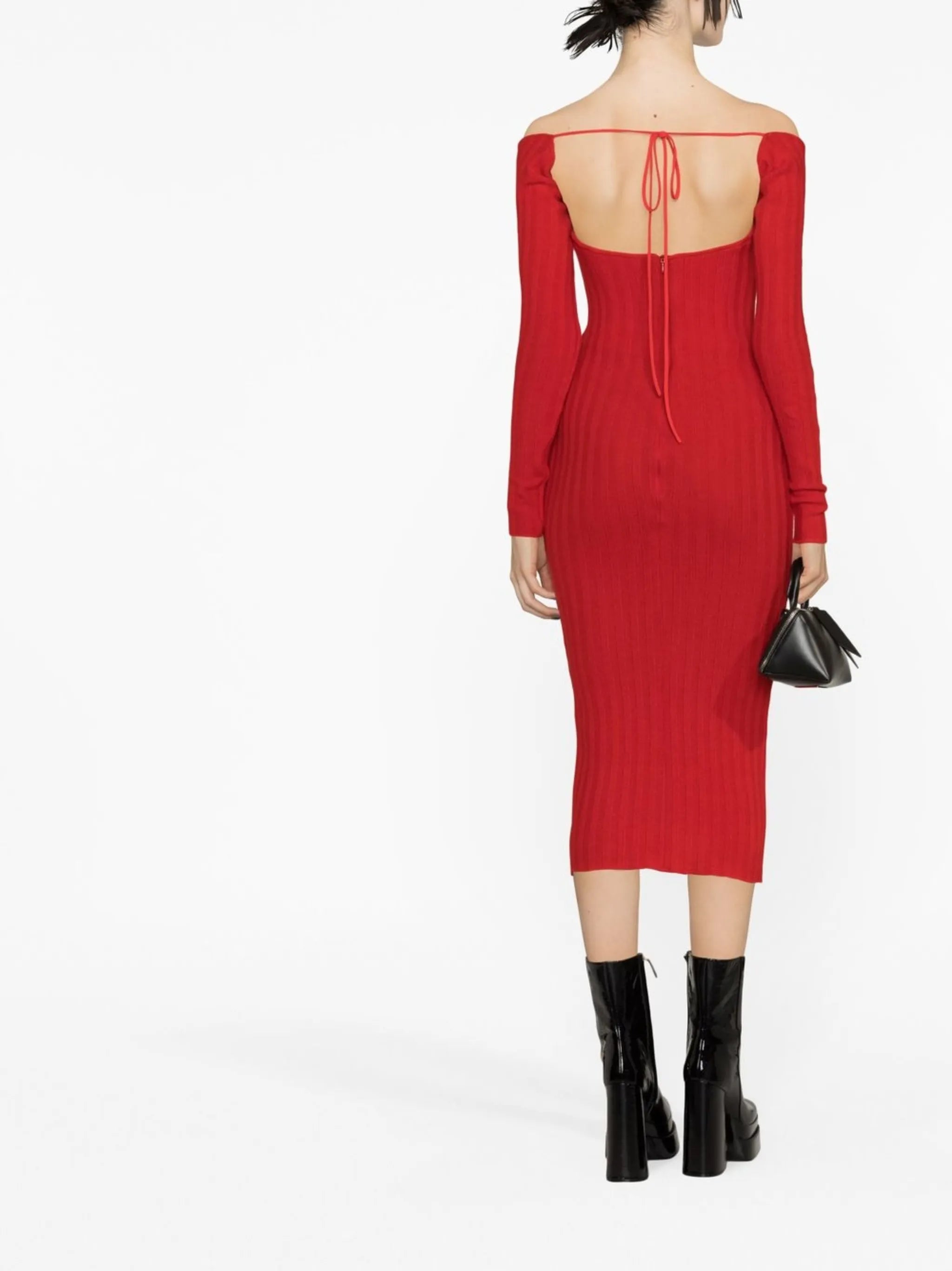 off-shoulder ribbed-knit midi dress