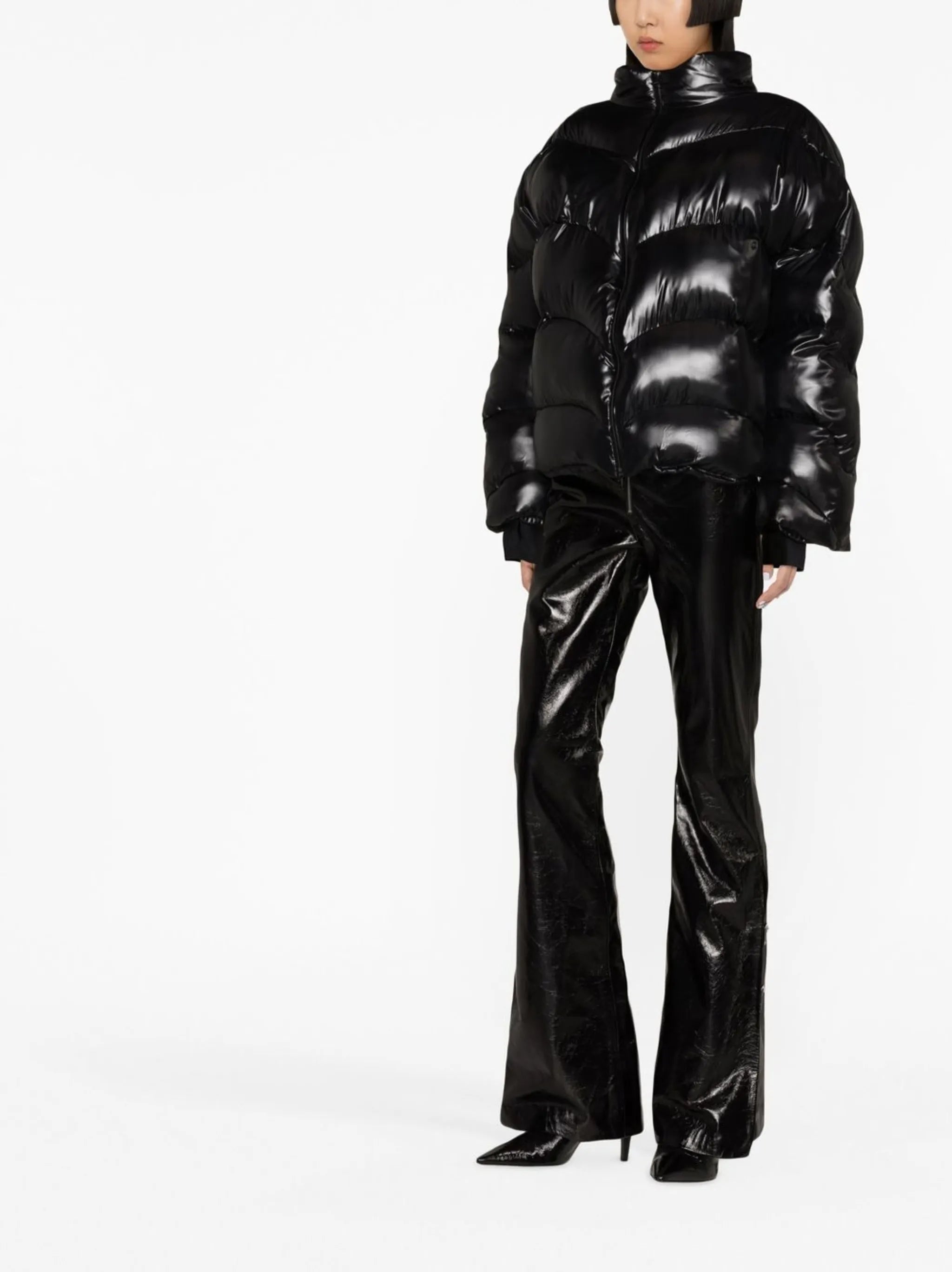 high-neck quilted puffer coat