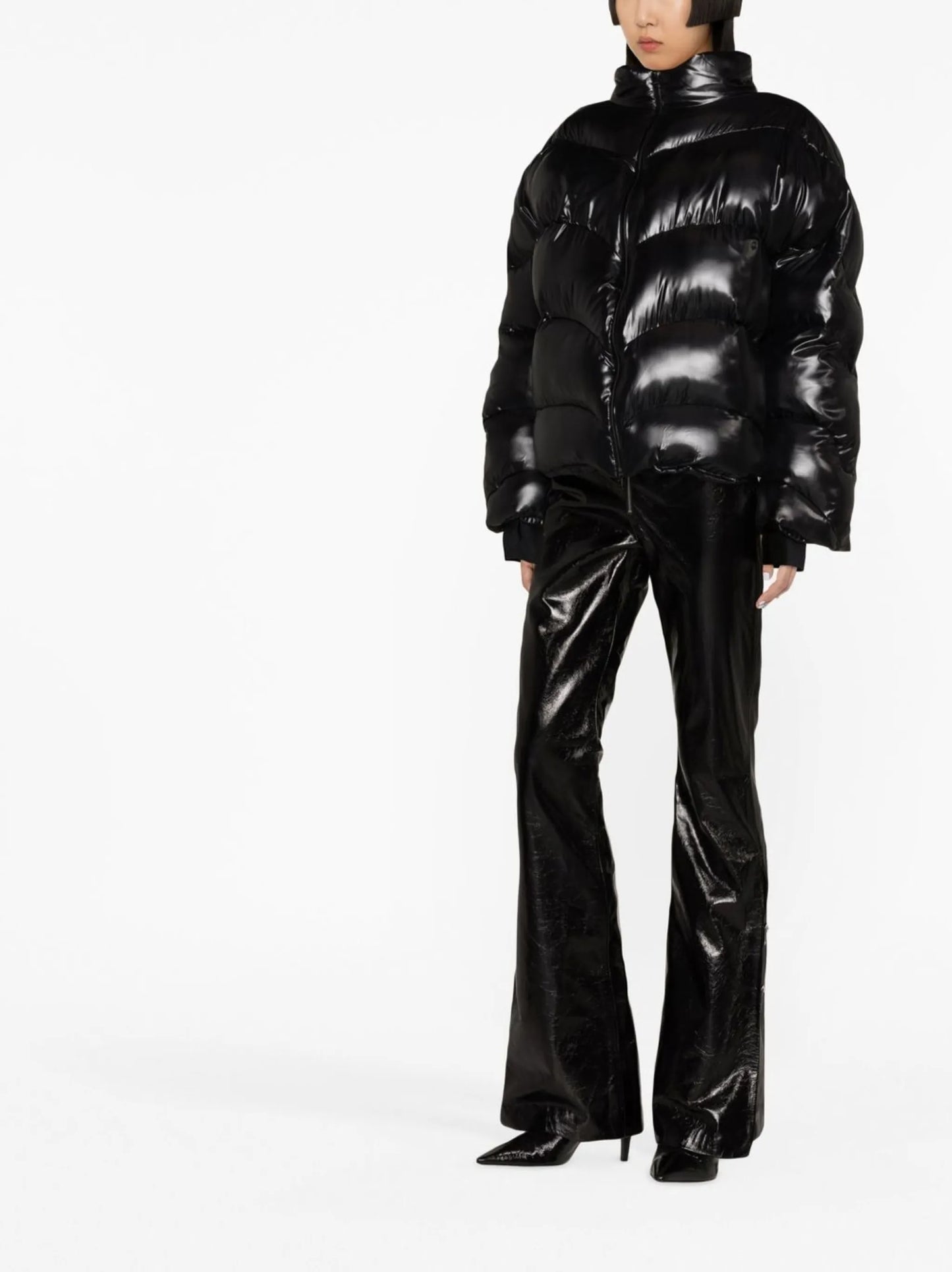 high-neck quilted puffer coat
