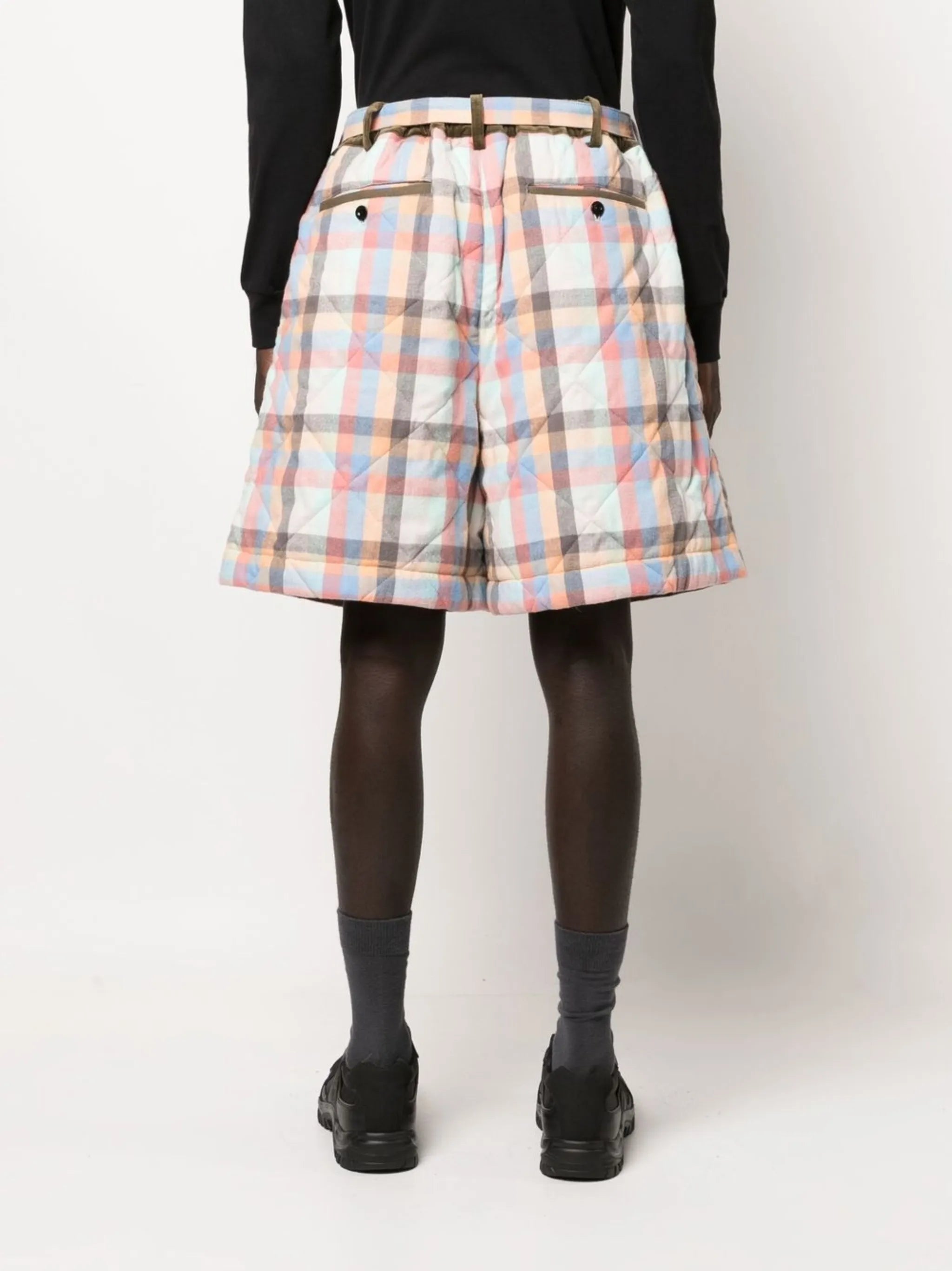 check-patter belted-waist shorts