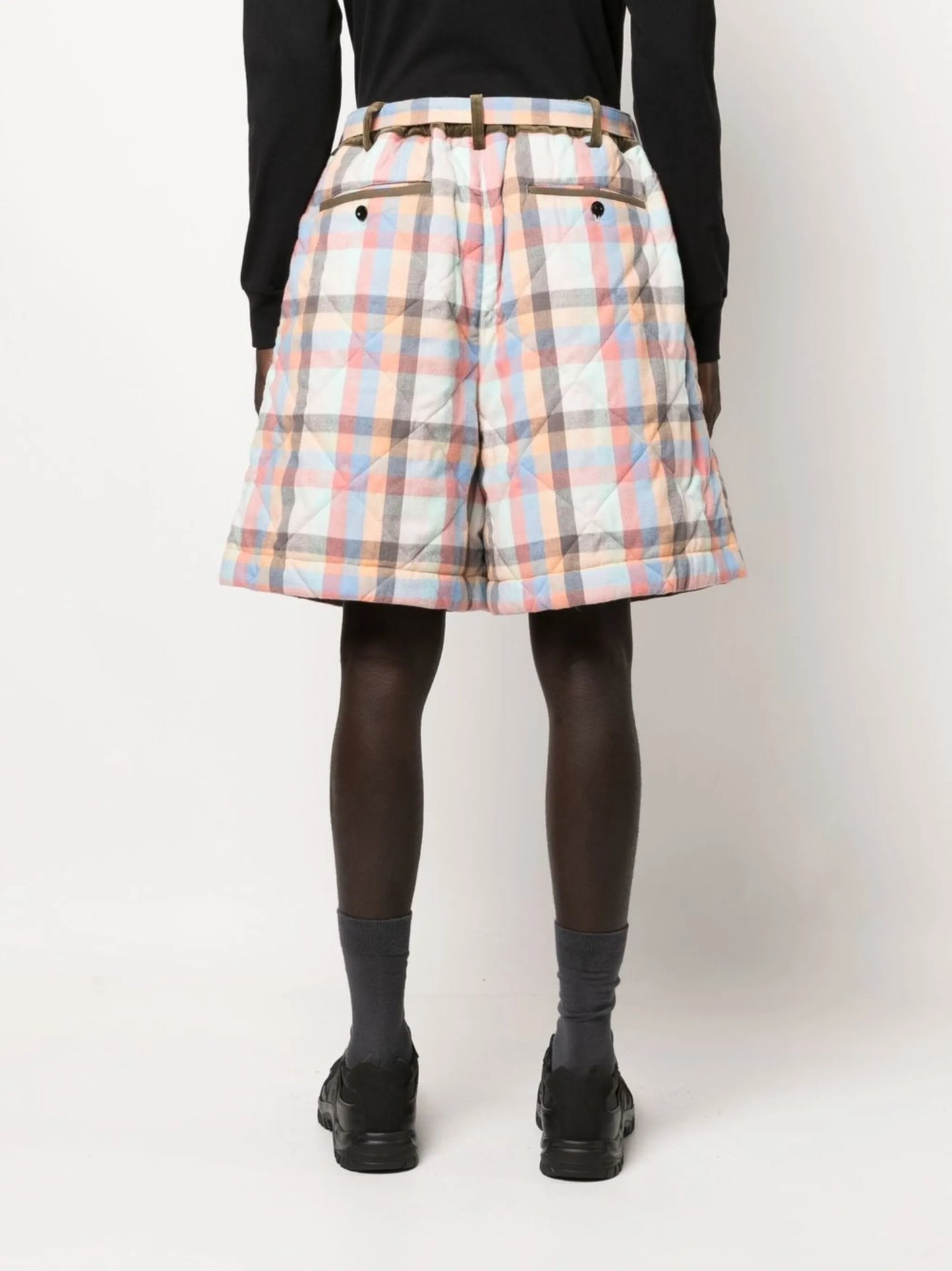 check-patter belted-waist shorts