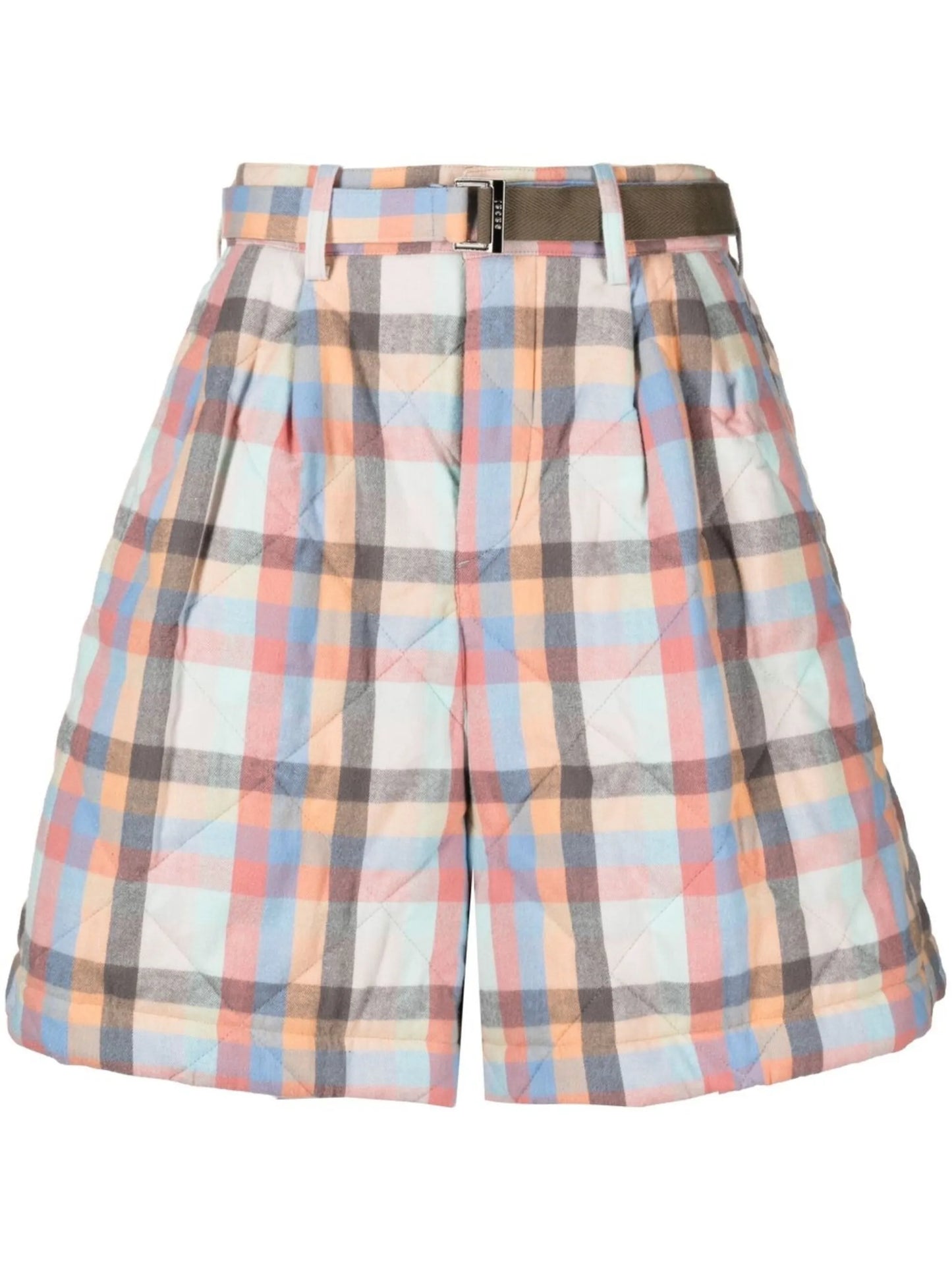 check-patter belted-waist shorts