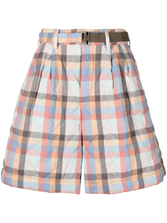 check-patter belted-waist shorts